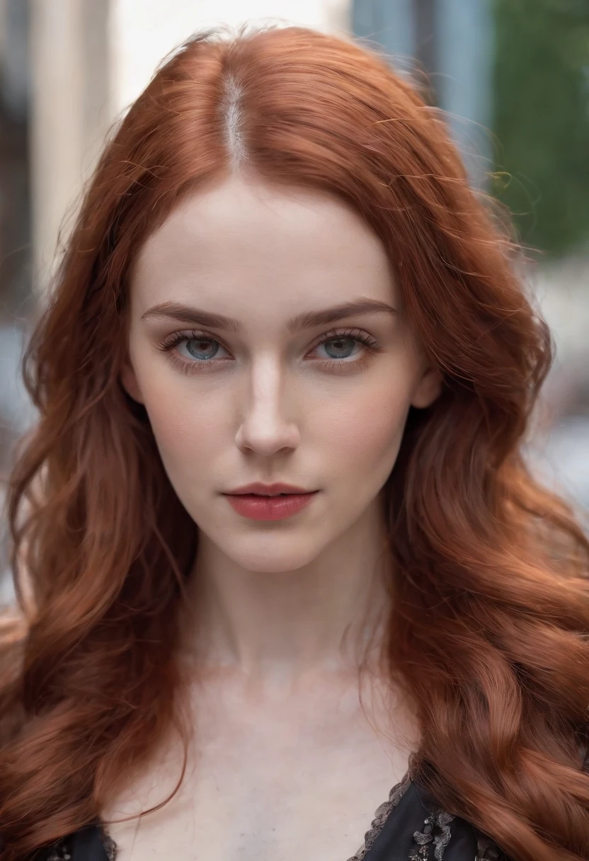 photo of a 25-year-old European girl, RAW, beautiful woman, (extra long wavy red hair), ((portrait)), ((detailed face: 1.2)), ((detailed facial features)), (finely detailed skin), pale skin, highly detailed deep neckline cyberpunk dress, megacity environment, (cool colors), damp, damp, reflections, (masterpiece) (perfect proportion)(realistic photo)(best quality) (detailed) photographed on a Canon EOS R5, 50mm lens, F/2.8, HDR, (8k) (wallpaper) (cinematic lighting) (dramatic lighting) (sharp focus) (intricate)