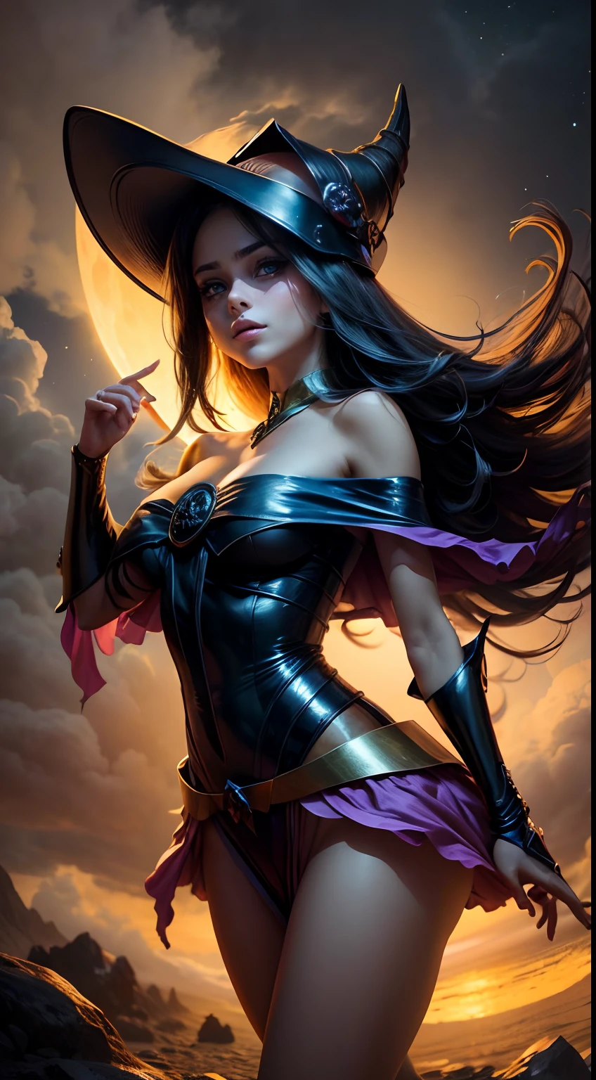 (La mejor calidad,4k,8k,Altas Resoluciones,Obra maestra:1.2),Ultra detallado,(realista,fotorrealista,fotorrealista:1.37), retrato, dark magician gils hechicera, Luz de la luna, kuriboh, Resplandor espeluznante, espeluznante, atmospheric, encantador, Oscuro y encantador, Hora dorada, halloween, mistic, magica, bruja, witchcraft, Fascinante, ethereal, Mystical fog, Misterioso, Obsesionante, Grim figures, Bosque encantador, Hechicero, Moonbeam, Mystical aura, ojos hechizantes, cautivador, de otro mundo, witchcraft, cielo iluminado por la luna, Noche encantada, Guarida de la hechicera, kuriboh embrujada, Silueta iluminada por la luna, mystical powers, Mysterious atmosphere, lanzador de hechizos, Magia a la luz de la luna, inquietantemente hermosa, Encantamiento en el aire, Ethereal Beauty.