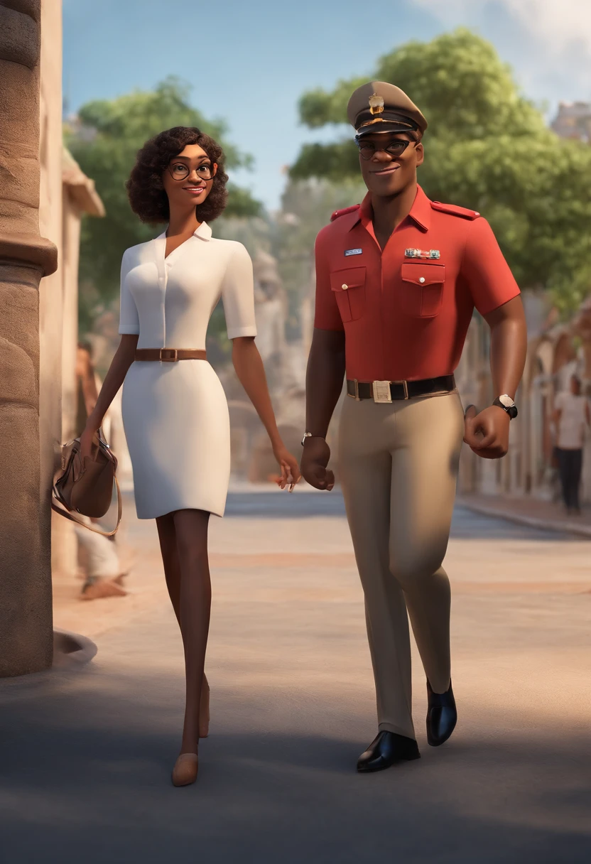 EstiloPixar Disney style 3D movie poster with the text " " An illustration of an adorable couple, apresentando um alegre, rechonchudo, Mulatto man with glasses and a white-skinned woman with beautiful eyes, of Expressive Glasses. O homem tem pele mulata e cabelos cacheados, enquanto a mulher tem pele branca e cabelos Pretos lisos. They are wearing the characteristic navy blue uniforms of the Municipal Guard of Feira de Santana, bahia. Atingem um exuberante, austero, e poses imponentes, com um carro patrulha azul marinho e Lagoa Grande, as well as buildings in the background. Illustrate this scene from a perspective where they are facing the camera, sorridente, and showing your connection. Create this artwork in Full HD, Focus on a cinematic touch, no estilo da Disney Pixar Animations. A legenda inferior diz Disney / Pixar, Guarda Municipal de Feira de Santana Pixar, ....3d, desenhos animados, rosto detalhado, asymmetrical 16k