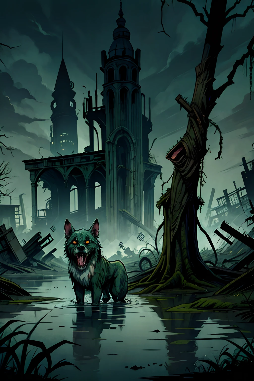 Zombie dog in swampy ruins, Zombie Dog, Spooky Ruins