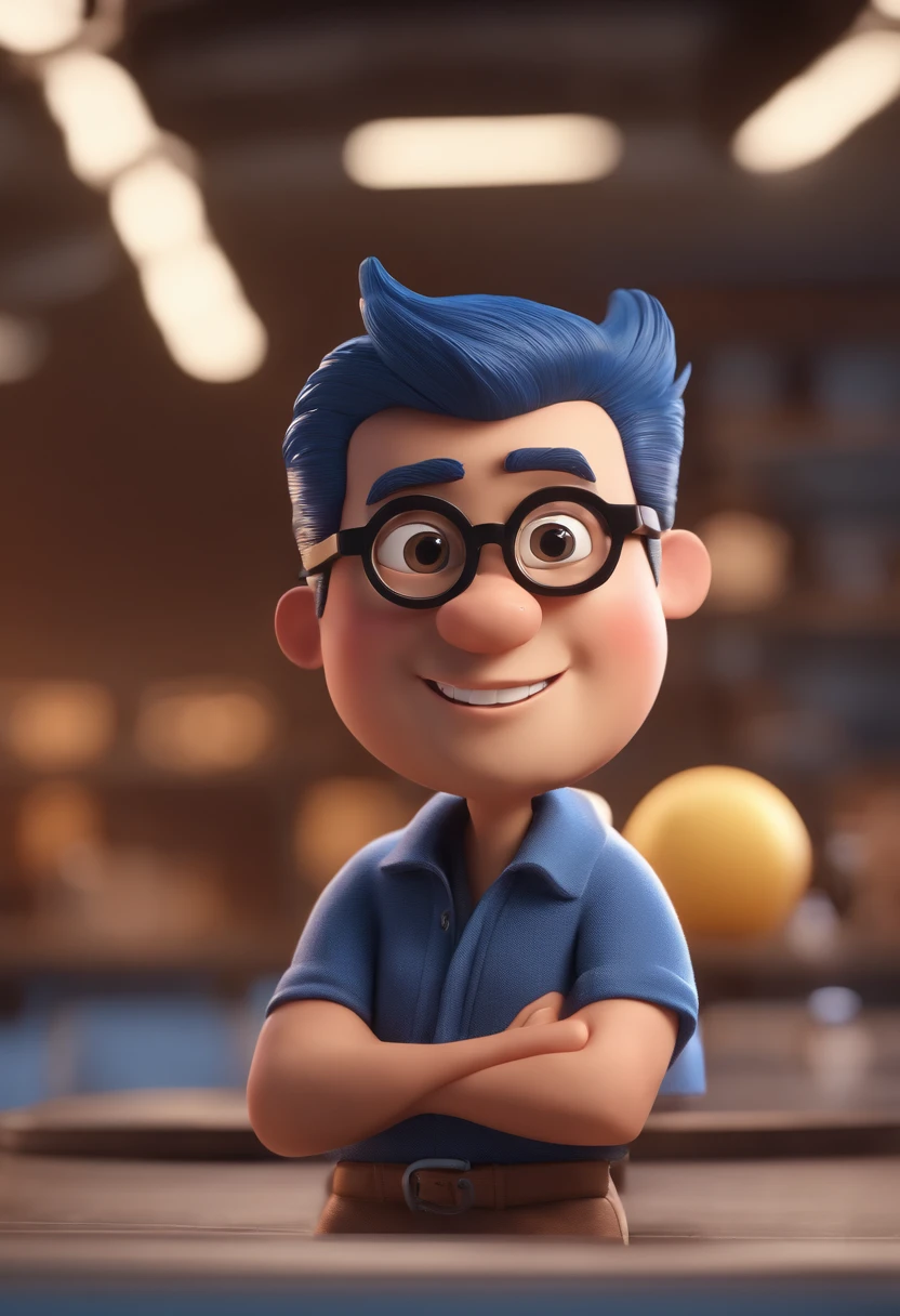 Cartoon character of a man with black glasses and a blue shirt, animation character, Caractere estilizado, animation style rendering, 3D estilizado, Arnold Maya render, 3 d render stylized, toon render keyshot, Personagem 3D, Personagem 3D, 3d rendering stylized, 3 d character render, personagem de desenho animado, Personagem de close up, Pose de personagem, (Estilo Pixar) (master part:1.2) (Bokeh) (best quality) (pele detalhada) (textura detalhada) (8k) (argila) (Cinematic lighting) (foco nítido