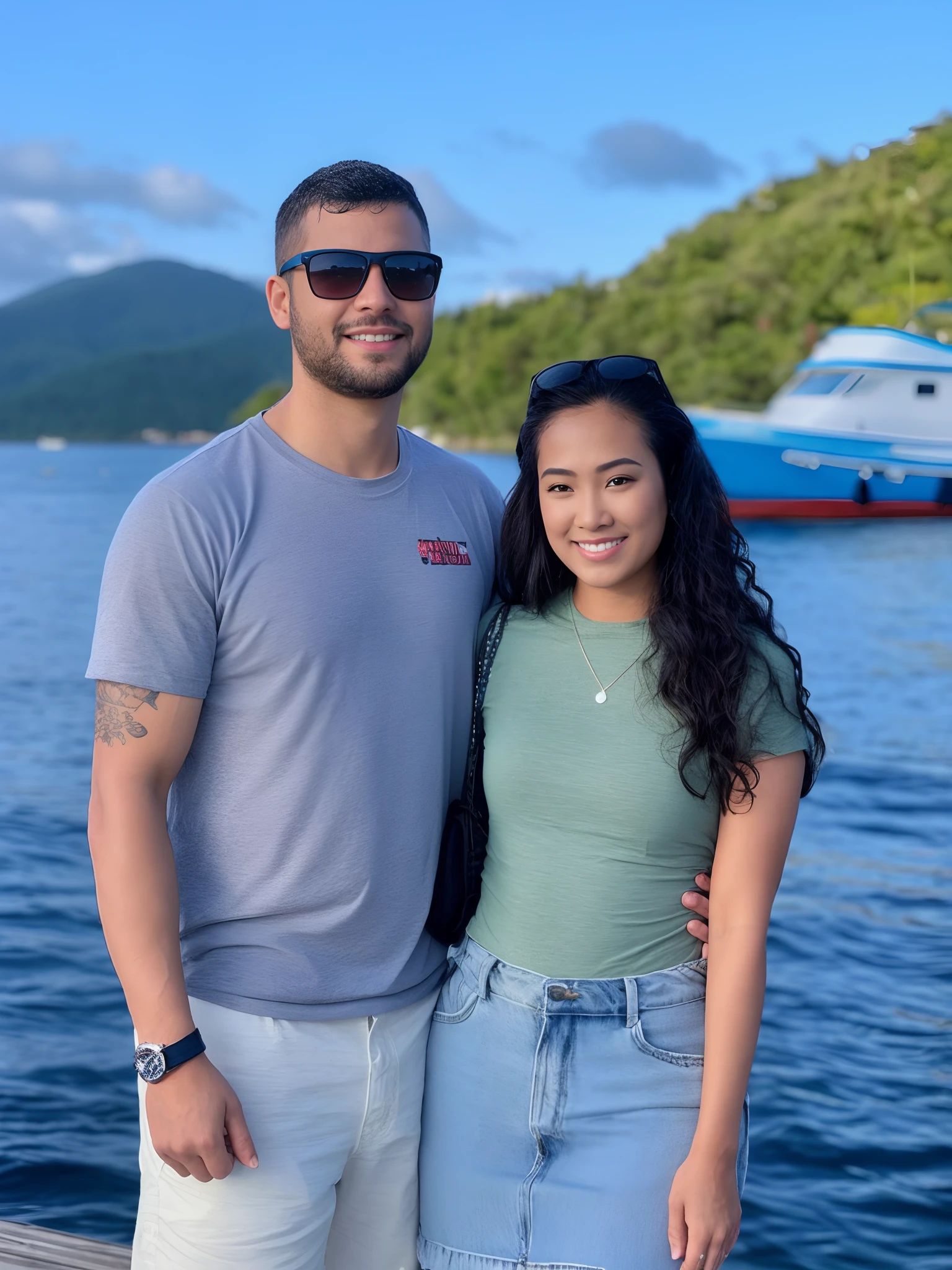 Man and woman standing on a dock near a boat, vacation photo, Tyler Edlin e Natasha Tan, com montanhas ao fundo, Montanhas ao fundo, com montanhas no fundo, em um barco, tomada em 2 0 2 0, oceano ao fundo, 🤬 🤮 💕 🎀, paradise in the background, Selvas ao fundo