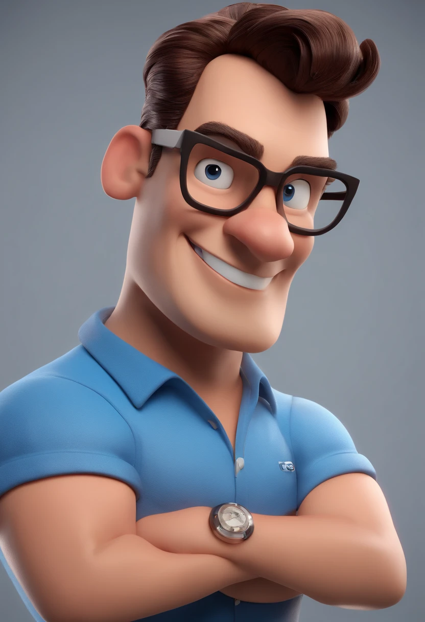 Cartoon character of a man with black glasses and a blue shirt, animation character, Caractere estilizado, animation style rendering, 3D estilizado, Arnold Maya render, 3 d render stylized, toon render keyshot, Personagem 3D, Personagem 3D, 3d rendering stylized, 3 d character render, personagem de desenho animado, Personagem de close up, Pose de personagem,  (Estilo Pixar) (master part:1.2) (Bokeh) (best quality) (pele detalhada) (textura detalhada) (8k) (argila) (Cinematic lighting) (foco nítido
