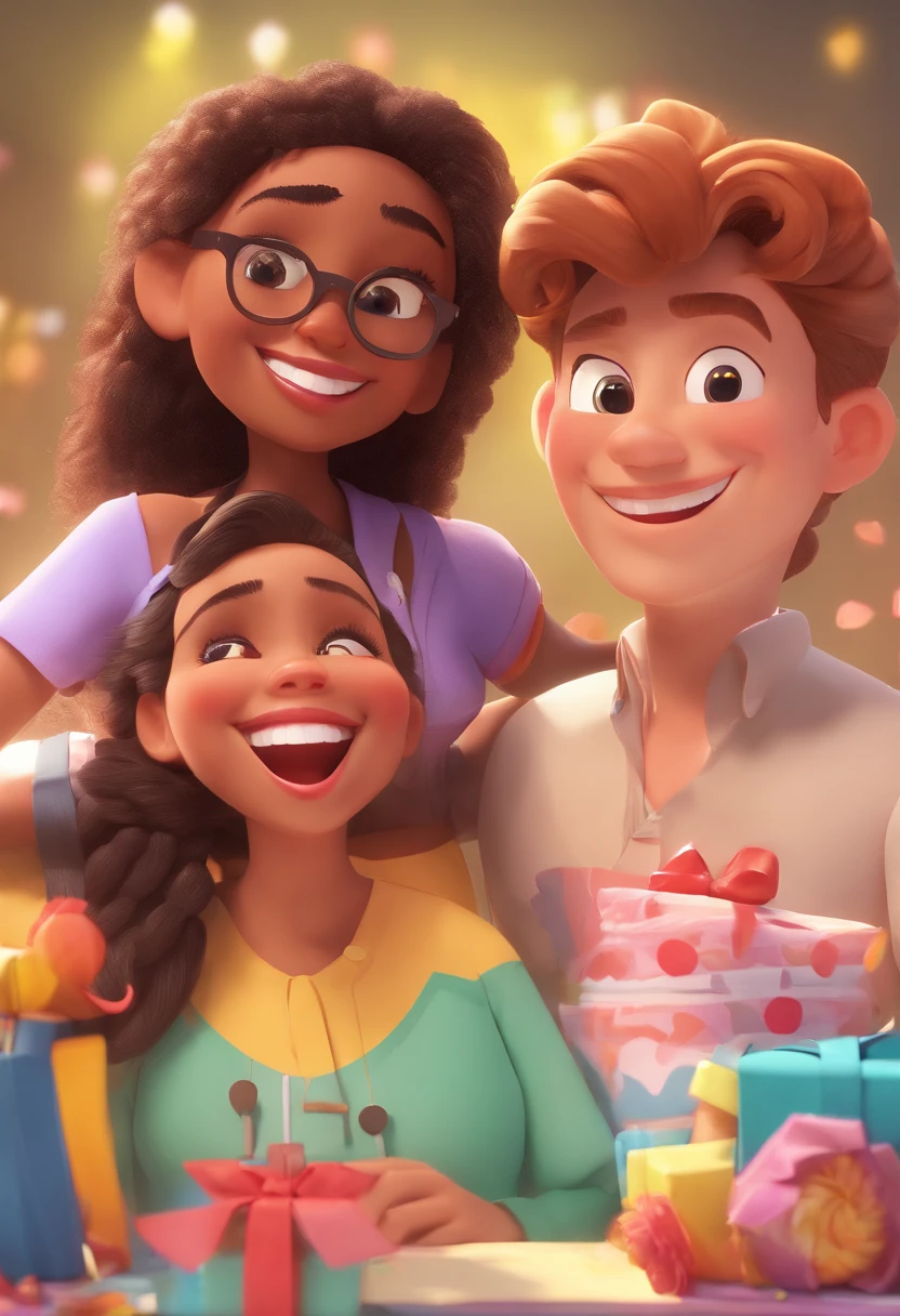 An illustration of an adorable couple, Highlight for a chubby mulatto man with glasses smiling and a brunette woman with beautiful expressive eyes - the man's skin is mulatto and the man's hair haswhile the woman's skin is black and the woman's hair is straight and brown. They are a bright room, cada um com um sorriso no rosto, e compartilhar um momento especial caracterizado pelo amor, Insights. Illustrate this scene from a perspective where they are facing the camera, Smiling and Showing Your Connection. Desenvolva esta arte em Full HD, Focus on your cinematic touch, Estilo Disney Pixar Animations