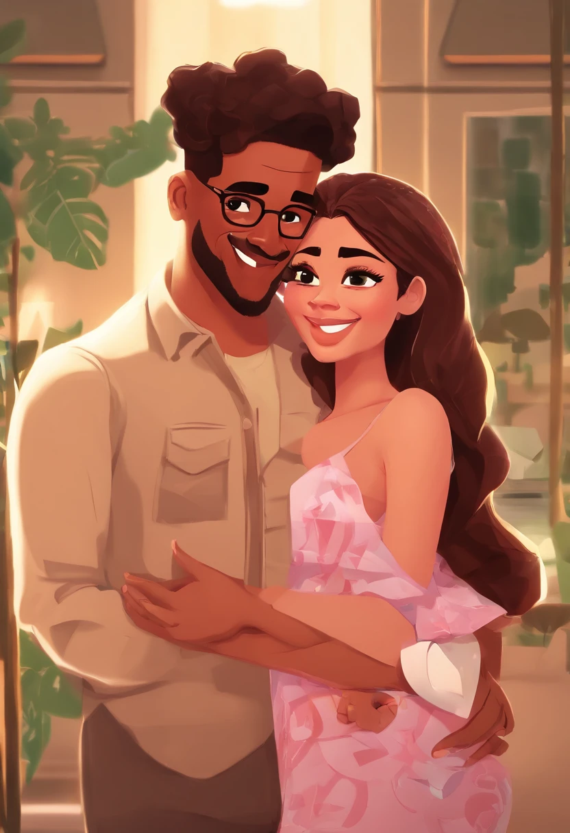 An illustration of an adorable couple, Highlight for a chubby mulatto man with glasses smiling and a brunette woman with beautiful expressive eyes - the man's skin is mulatto and the man's hair haswhile the woman's skin is black and the woman's hair is straight and brown. They are a bright room, cada um com um sorriso no rosto, e compartilhar um momento especial caracterizado pelo amor, Insights. Illustrate this scene from a perspective where they are facing the camera, Smiling and Showing Your Connection. Desenvolva esta arte em Full HD, Focus on your cinematic touch, Estilo Disney Pixar Animations