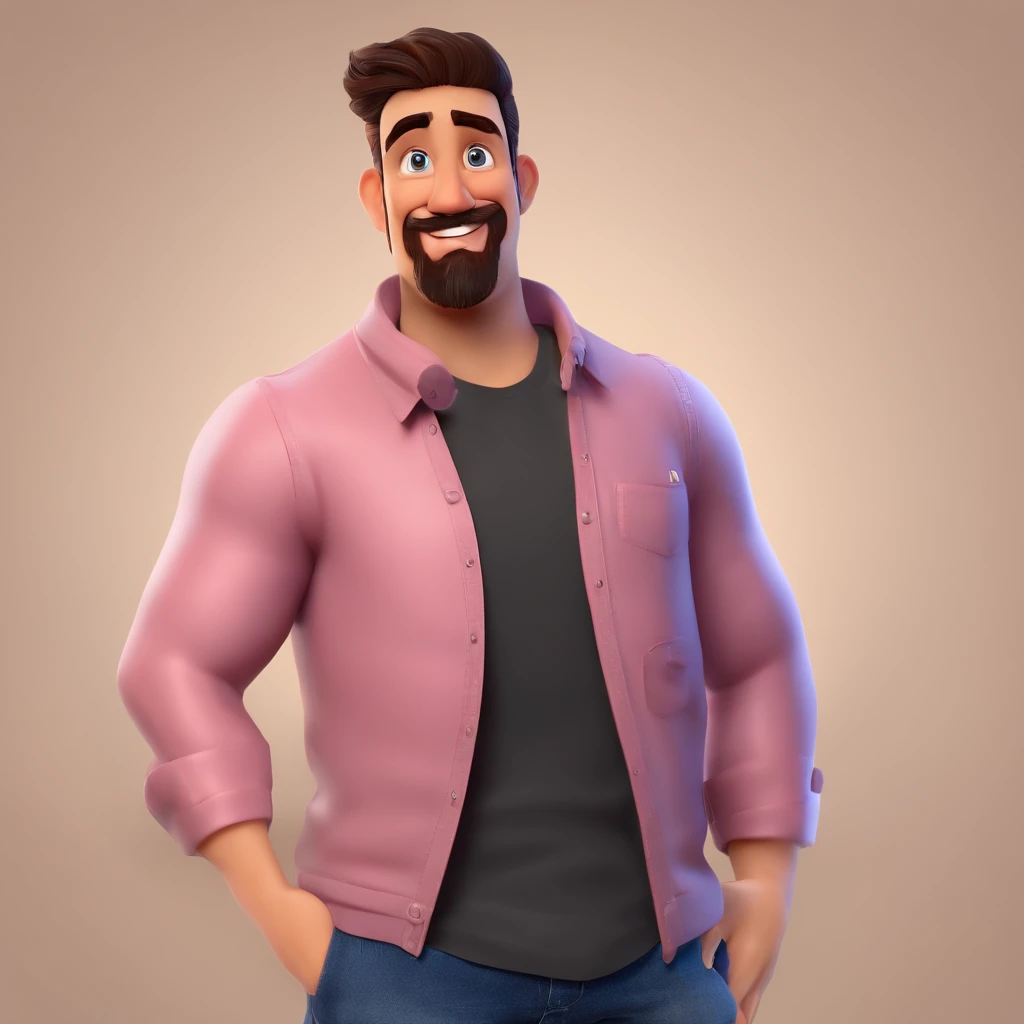 Criar um personagem no estilo Pixar. Trata-se de um homem de 33 anos com barba preta e cabelo preto tatuado com camiseta preta lisa com sua filha de 7 anos no colo de cabelo liso castanho comprido e roupa rosa