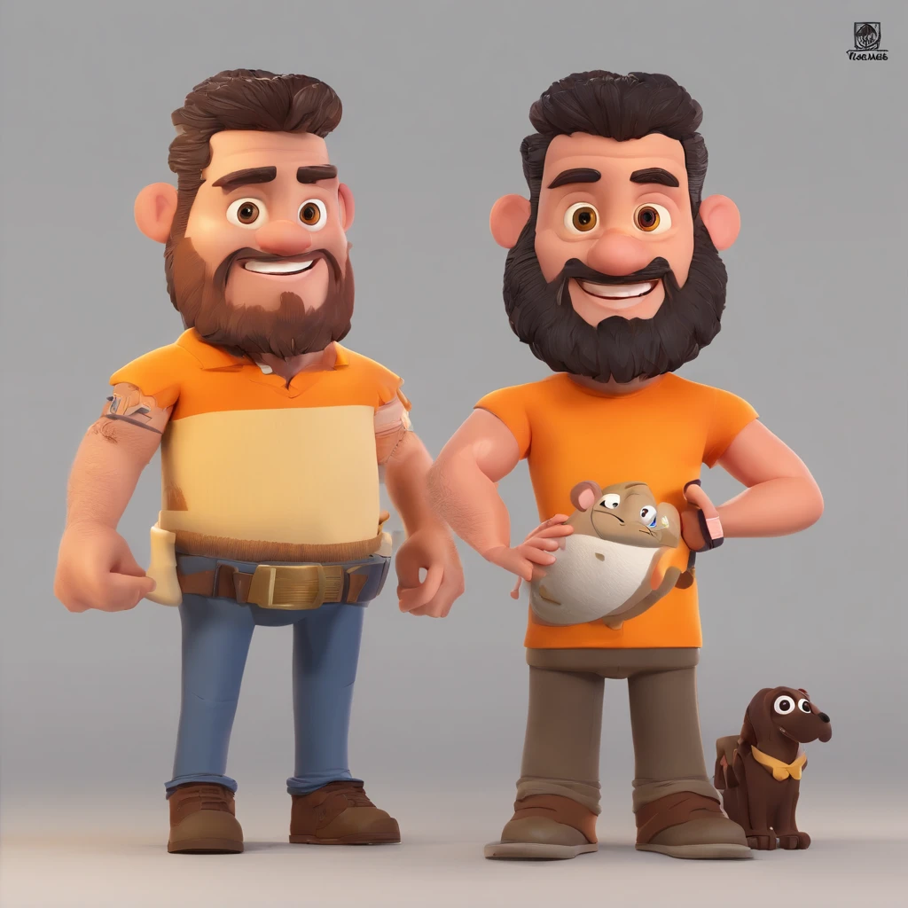 Criar um personagem no estilo Pixar. Trata-se de um homem de 33 anos com barba preta e cabelo preto tatuado com camiseta preta lisa com sua filha de 7 anos no colo de cabelo liso castanho comprido e roupa rosa