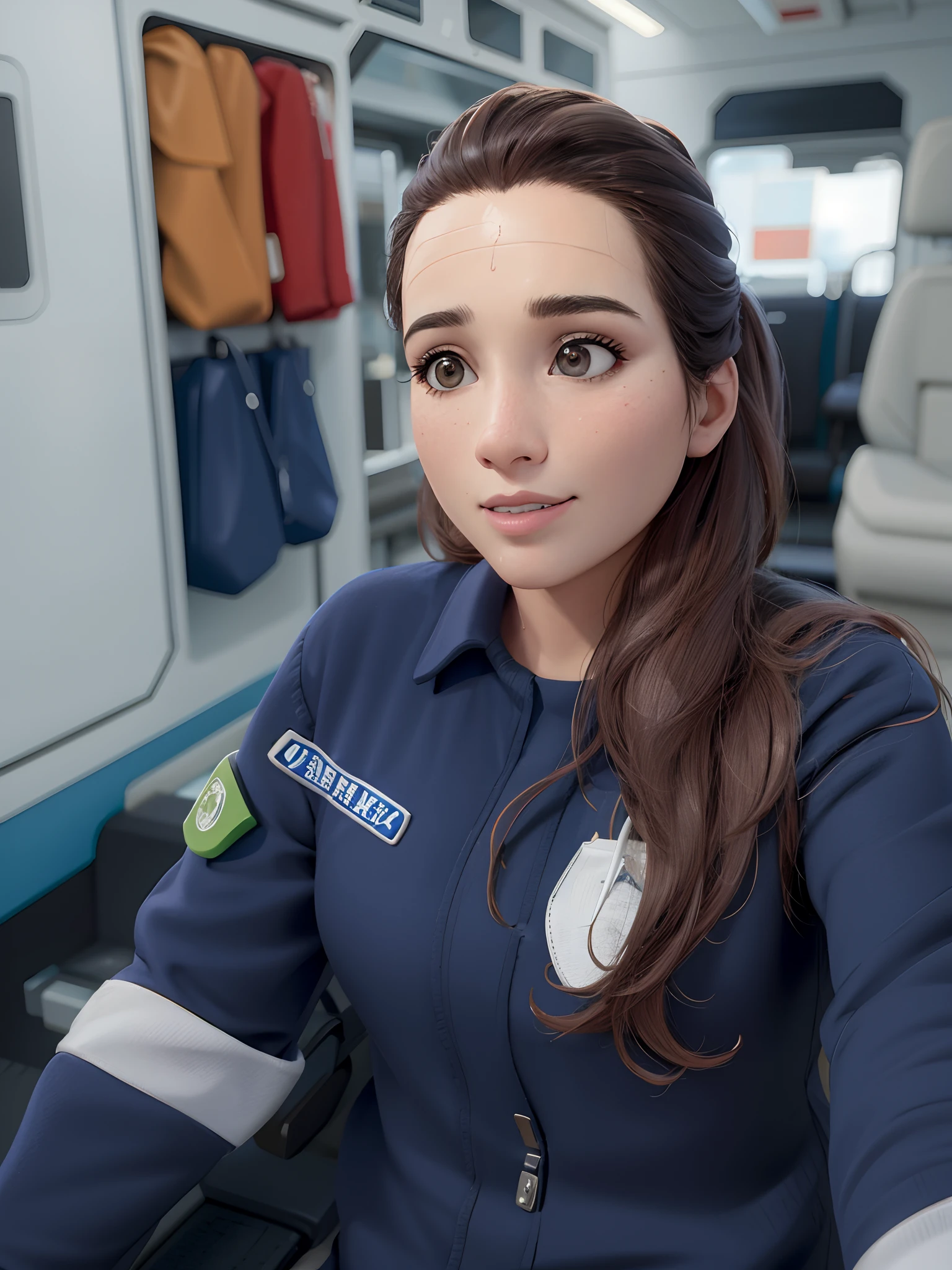 mulher de uniforme sentada em frente a um trem, Personagem de close up, detailed 2d illustration, ultra realistic 3d illustration, pixar retrato 8 k foto, Captura de tela do jogo Life Simulator, Closeup da arte do personagem, Seguro para o trabalho. cinemactic, filme realista ainda, maia realista, Artista CG, retrato de personagem de closeup, animado ainda, Personagem close up, close up foto de retrato