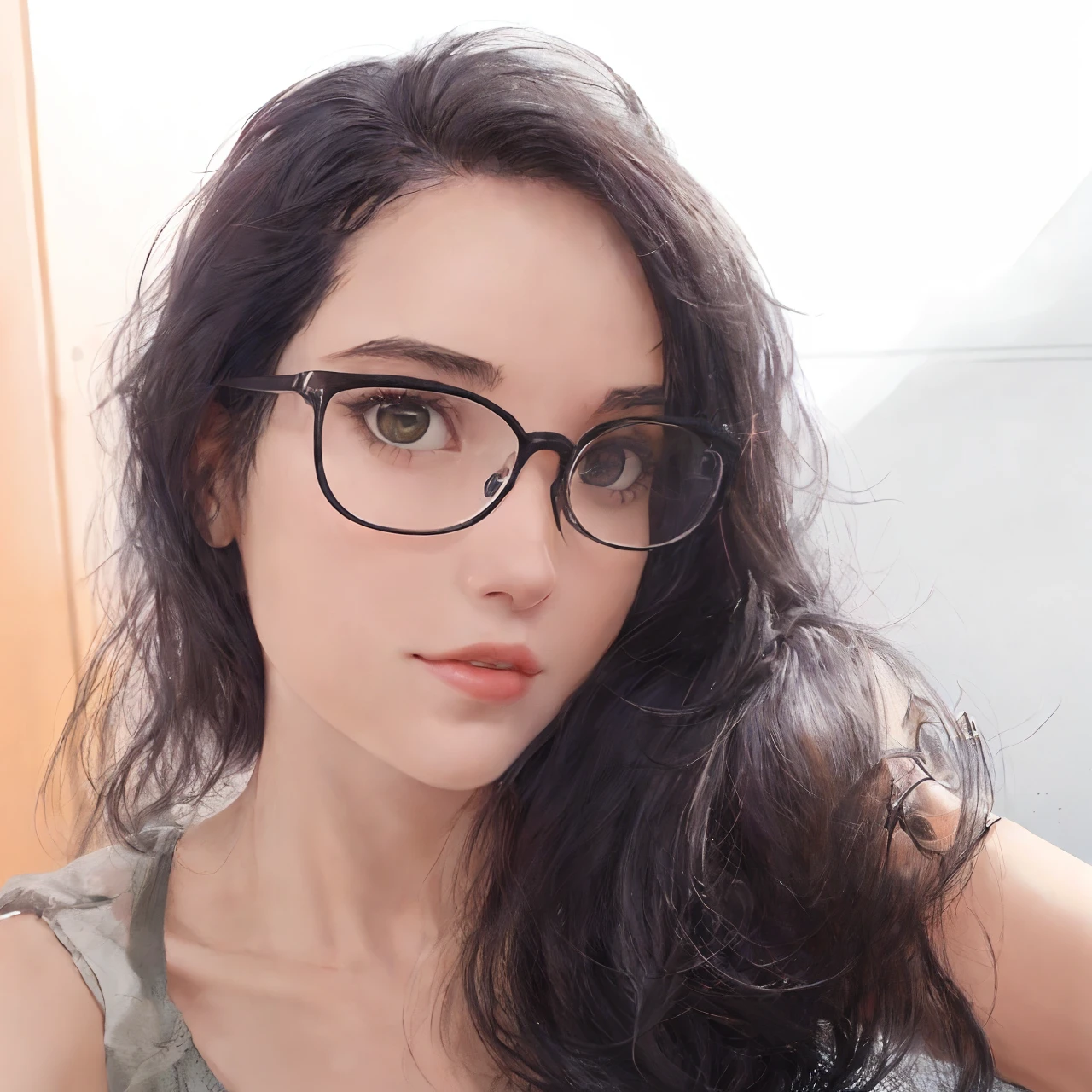 create Pixar-style image of a short skinny 28-year-old girl with black glasses, olhos castanhos escuros e cabelo castanho escuro comprido e um pouco ondulado