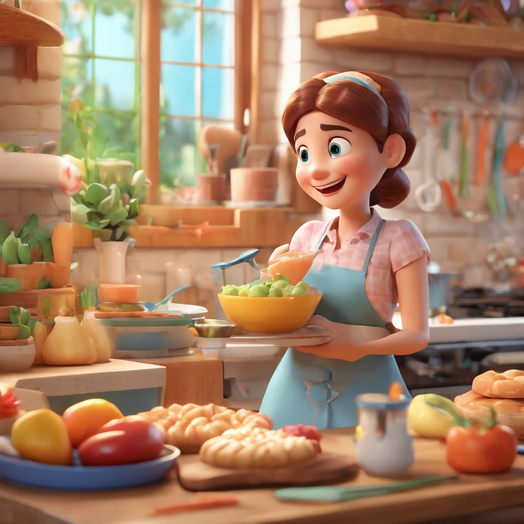 (high-quality,realistic,Pixar-style:1.1),3D animated scene,woman with straight brown hair,35 years old,cooking,dressed as a pastry chef,garden scene, bright and vibrant colors,warm lighting,delicious pastries on display,detailed kitchen utensils and ingredients,happy and lively atmosphere,floral print apron,tastefully decorated kitchen counter,playful and cartoonish 3D characters,smiling and friendly expressions,smooth and polished animation,perfectly rendered textures and shading,professional-grade artwork,attention to detail,creative and imaginative composition,joyful and inviting setting,whimsical and magical touch,visually appealing and engaging scene.