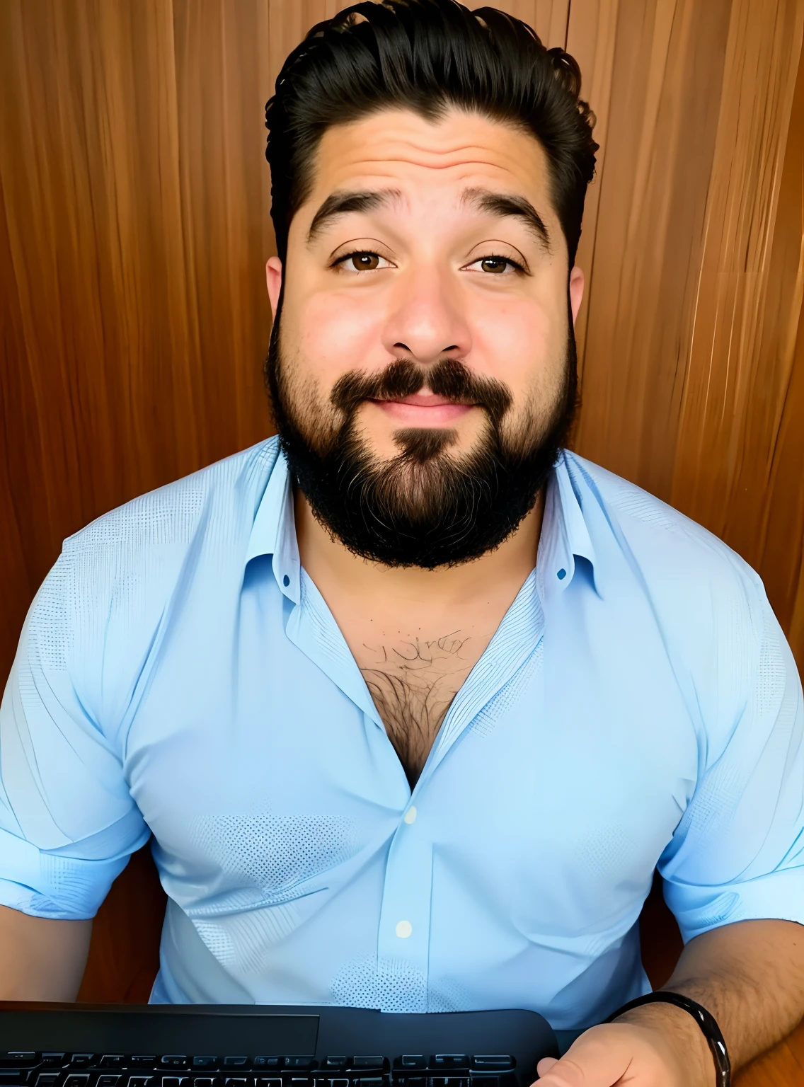 Criar um personagem no estilo Pixar. Trata-se de um homem de 40 anos, gordinho musculoso, com barba, moreno, com cabelos castanhos raspado nas laterais e um quiff, e olhos pretos. Ele deve estar na frente de um computador, Trabalhar como vendedor