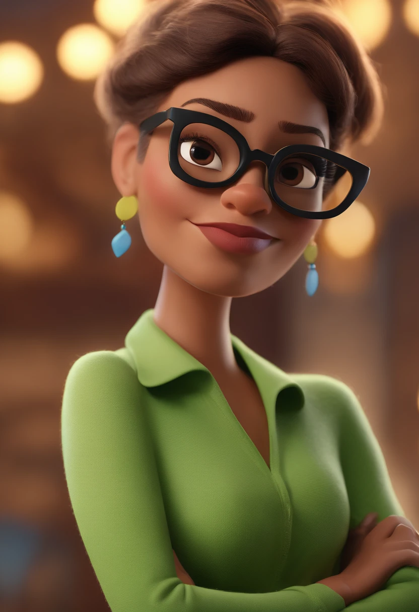 Cartoon character of a woman with black glasses and a green shirt, animation character, Caractere estilizado, animation style rendering, 3D estilizado, Arnold Maya render, 3 d render stylized, toon render keyshot, Personagem 3D, Personagem 3D, 3d rendering stylized, 3 d character render, personagem de desenho animado, Personagem de close up, Pose de personagem, (Estilo Pixar) (master part:1.2) (Bokeh) (best quality) (pele detalhada) (textura detalhada) (8k) (argila) (Cinematic lighting) (foco nítido