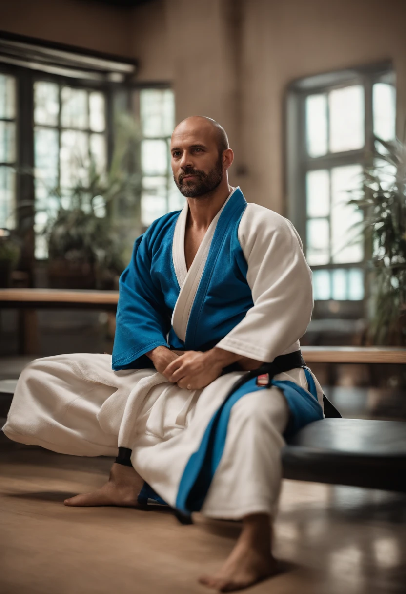 Crie uma capa de filme estilo Disney Pixar, aparecendo o nome do filme = Nascido para Vencer, com um lutador de jiu-jitsu de kimono branco e faixa azul, This man is white, he's 38 years old, olhos castanhos claros, cabelo curto e preto com algumas entradas e alguns fios brancos e barba curta preta, ele com cara de Mal, em alta qualidade, ao fundo uma academia de luta