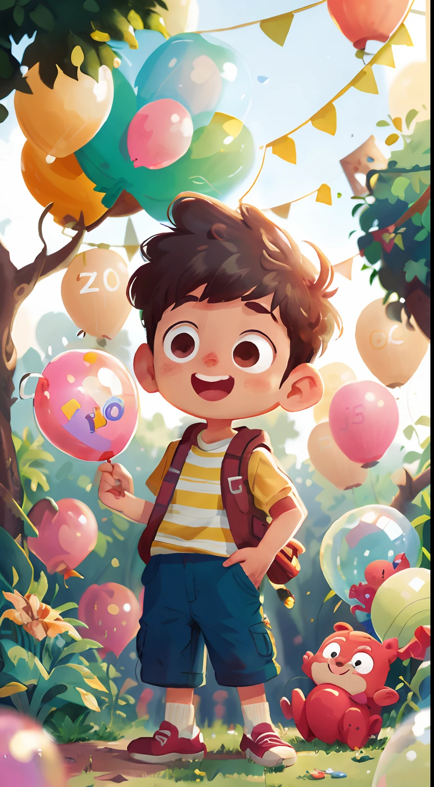 A boy, zoo, many balloons, happy, happy, perfect quality, clear focus (clutter - home: 0.8), (masterpiece: 1.2) (realistic: 1.2) (bokeh) (best quality) (detailed skin: 1.3) (intricate details) (8K) (detail eyes) (sharp focus), (happy)