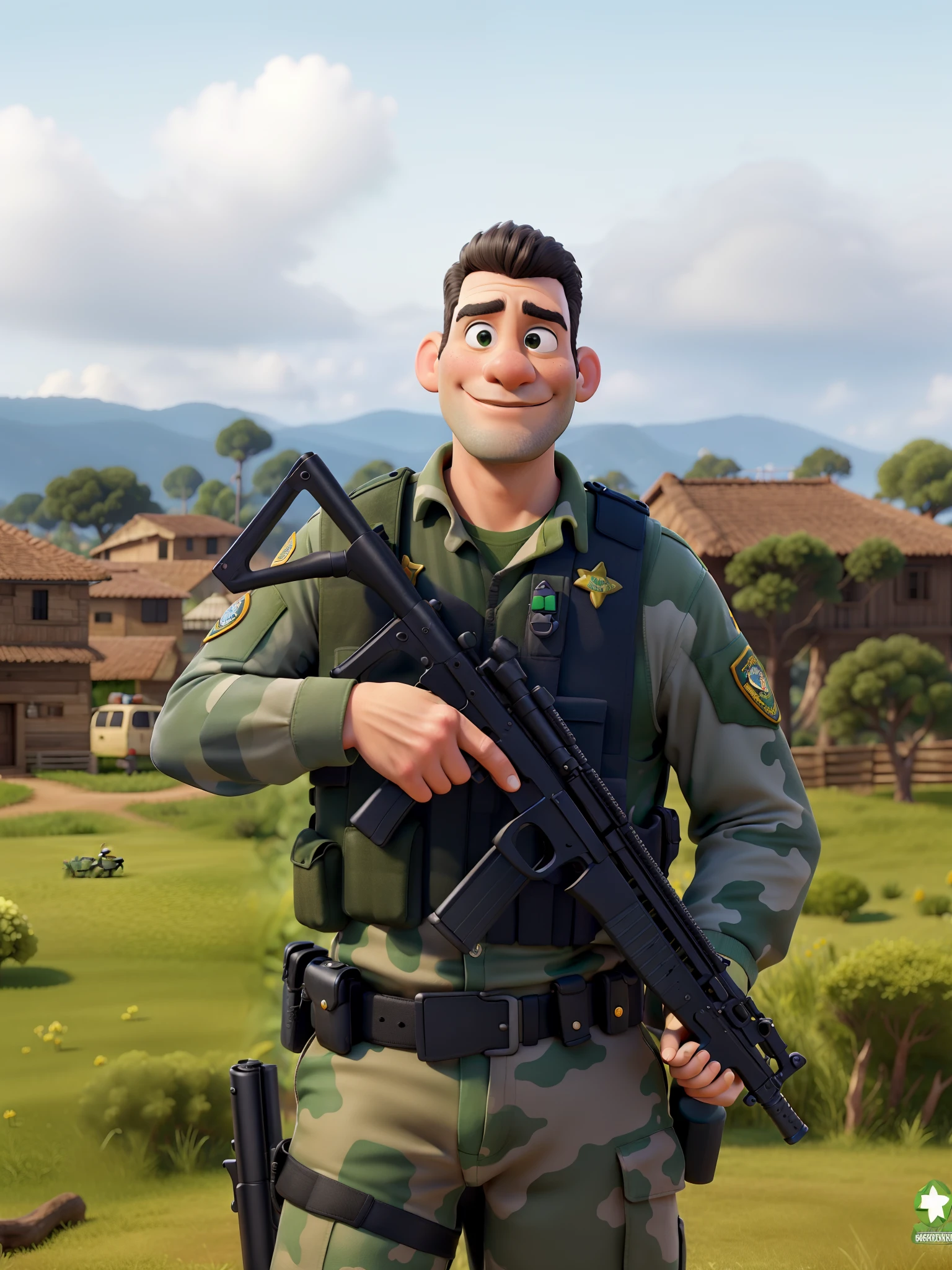 Obra-prima, de melhor qualidade, um policial militar com um rifle e uma paisagem verde nos fundos. Estilo disney pixar.