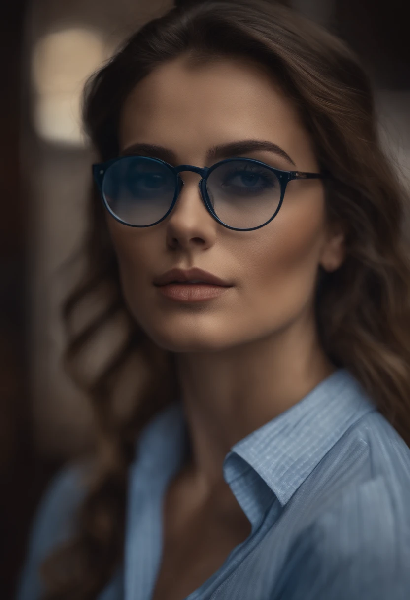 Mujer arafed en camisa azul y gafas sentada en un escritorio, una pintura fotorrealista de Aleksander Gierymski, Tendencias en la sociedad CG, fantastical realism, con gafas, Chica con gafas, Foto de primer plano profesional, gafas gruesas, con gafas puestas, sexy look at the camera, Retrato profesional en primer plano, seductoramente mirando al frente, barbara hammer 4 k
