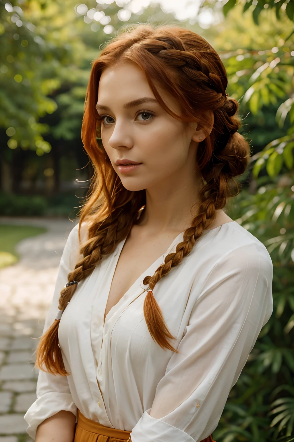 casual twisted braid hairstyles for gorgeous stunning redheads, in the style of light orange and red, a captivating hairstyle of elegance, aquirax uno, Victorina Duran, norwegian nature, pure color, ferrania p30, graceful curves