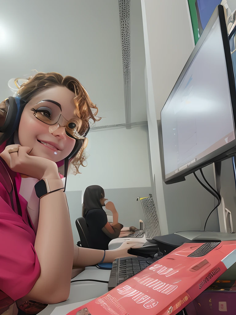 mulher sorridente com fones de ouvido em sentada em uma mesa com um livro, Trabalhar em um call center, in an call centre office, na frente de um computador, at office, working in an office, in office, sentado em uma mesa de computador, sentado em um computador, coding time, sentado em frente ao computador, Valentina Embaralhamento, in an office