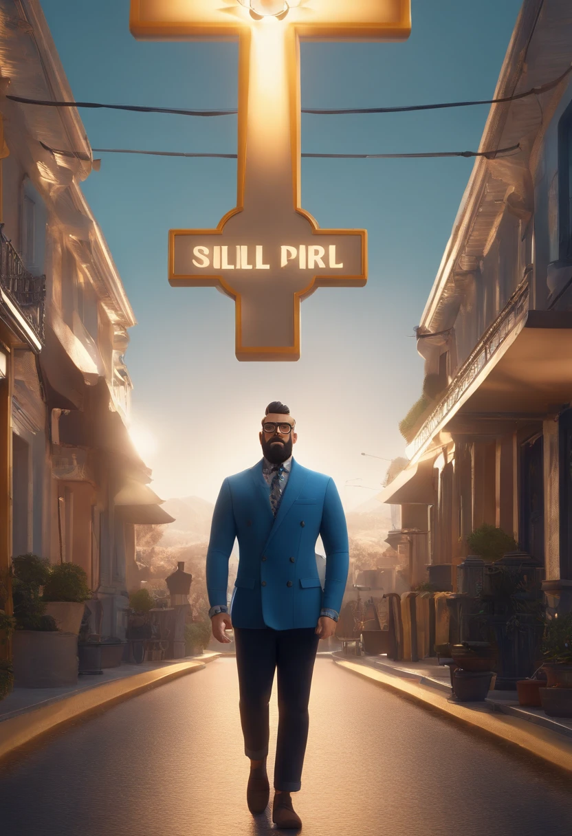 Cartoon character of a man wearing black glasses, half-curled hair, wearing a cap, beard, rounded face with a cross tattoo on the right side and a blue shirt, um personagem animado, Caractere estilizado, animation style rendering, 3D estilizado, Arnold Maya render, 3 d render stylized, toon render keyshot, Personagem 3D, Personagem 3D, 3d rendering stylized, 3 d character render, personagem de desenho animado, Personagem de close up, Pose de personagem, (Estilo Pixar) (master part:1.2) (Bokeh) (best quality) (pele detalhada) (textura detalhada) (8k) (argila) (Cinematic lighting) (foco nítido,Senta e vaza a parte superior do corpo