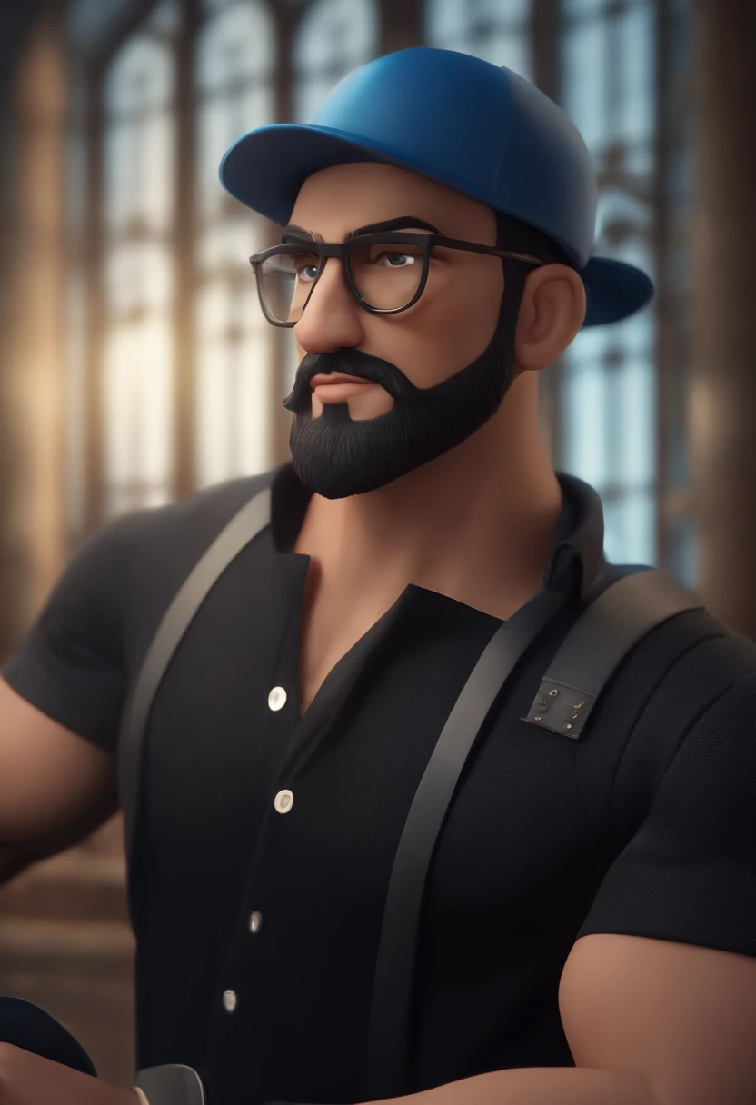 Cartoon character of a man wearing black glasses, half-curled hair, wearing a cap, beard, rounded face with a cross tattoo on the right side and a blue shirt, um personagem animado, Caractere estilizado, animation style rendering, 3D estilizado, Arnold Maya render, 3 d render stylized, toon render keyshot, Personagem 3D, Personagem 3D, 3d rendering stylized, 3 d character render, personagem de desenho animado, Personagem de close up, Pose de personagem, (Estilo Pixar) (master part:1.2) (Bokeh) (best quality) (pele detalhada) (textura detalhada) (8k) (argila) (Cinematic lighting) (foco nítido，Senta e vaza a parte superior do corpo