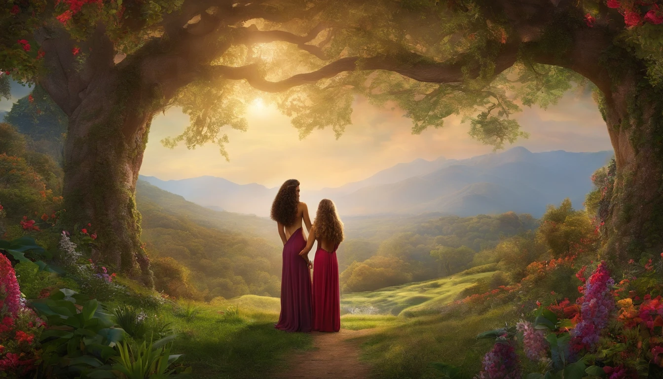 A depiction of Adam and Eve in Eden created in God's image, Vestido e seus quatro filhos.