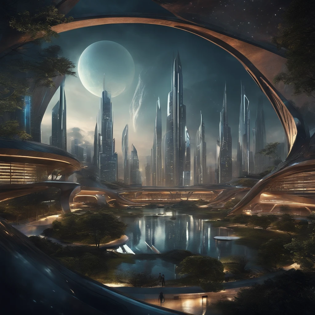 Create a futuristic image of a city on an alien planet. The city should be made up of metal and glass structures, with angular and futuristic architecture. The witilo letters should be used as a design element in the city's architecture, forming interesting patterns and shapes.
