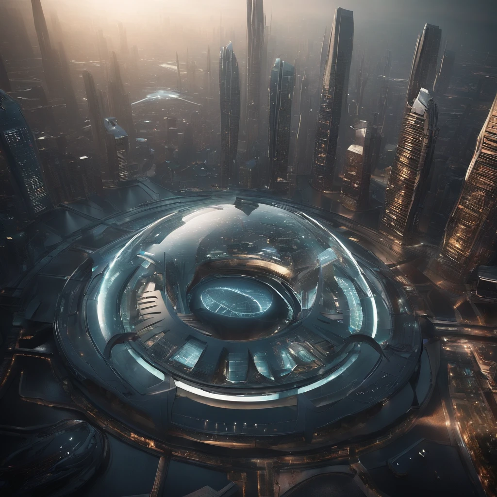 Create a futuristic image of a city on an alien planet. The city should be made up of metal and glass structures, with angular and futuristic architecture. The witilo letters should be used as a design element in the city's architecture, forming interesting patterns and shapes.