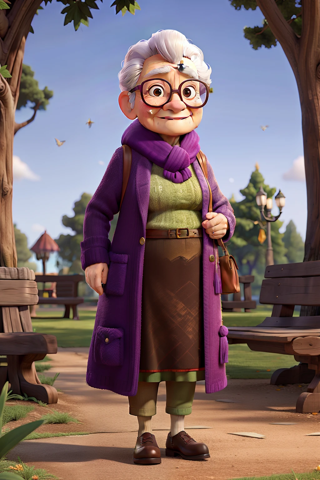 masterpiece, best quality, an old woman with glasses and a scarf on, wearing a purple coat and green scarf, standing at the park