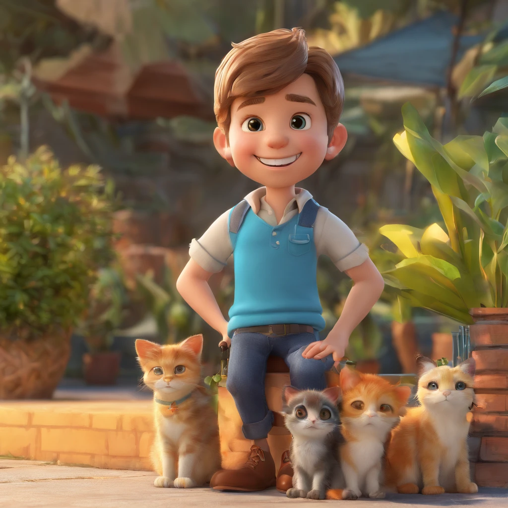 Lucas is a smiling 27-year-old human boy, usa oculos arredondados pretos, com seu fiel amigo, Bolt, gato preto de olhos amarelos e rosto arredondado, deitados no jardim