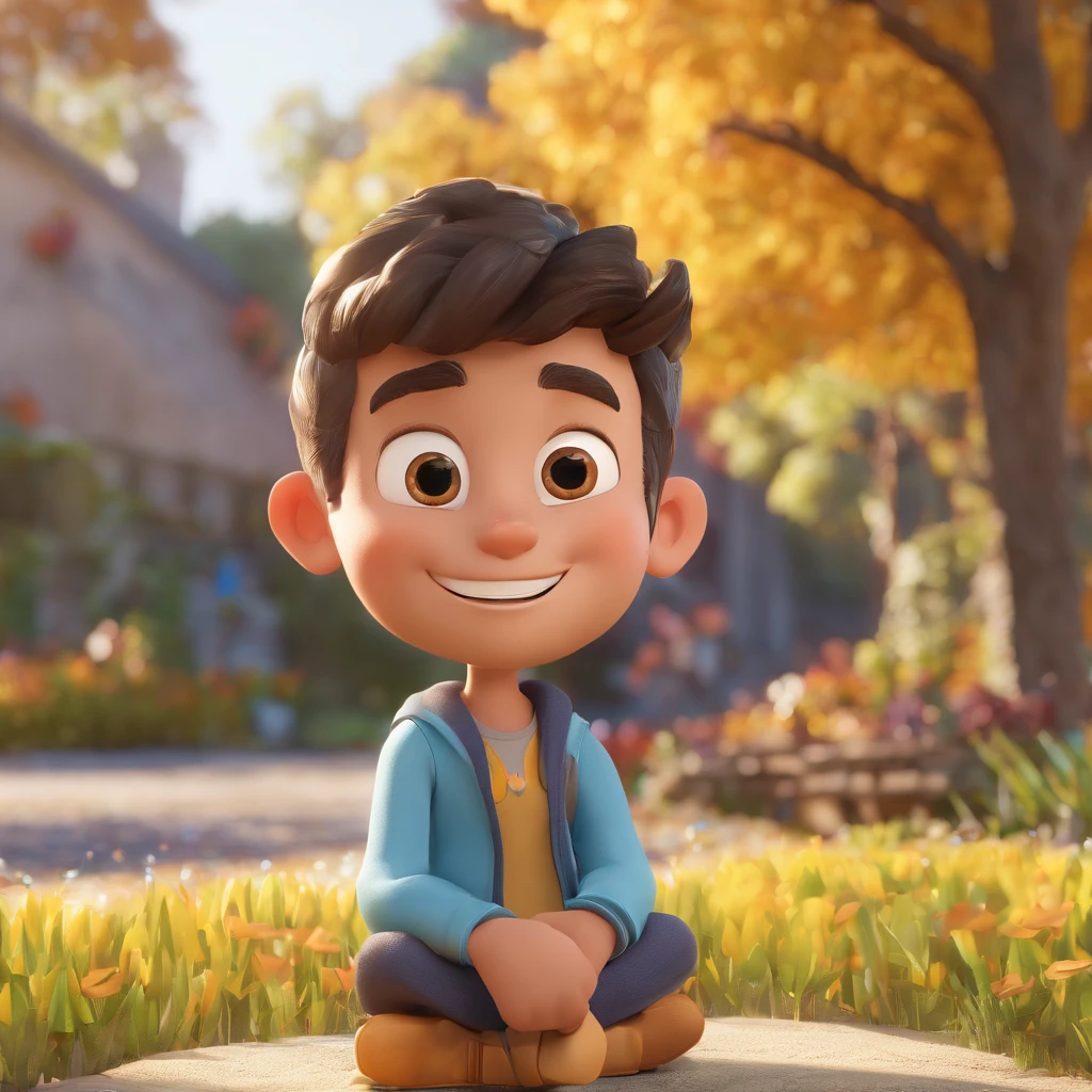Lucas is a smiling 27-year-old human boy, usa oculos arredondados pretos, com seu fiel amigo, Bolt, gato preto de olhos amarelos e rosto arredondado, deitados no jardim