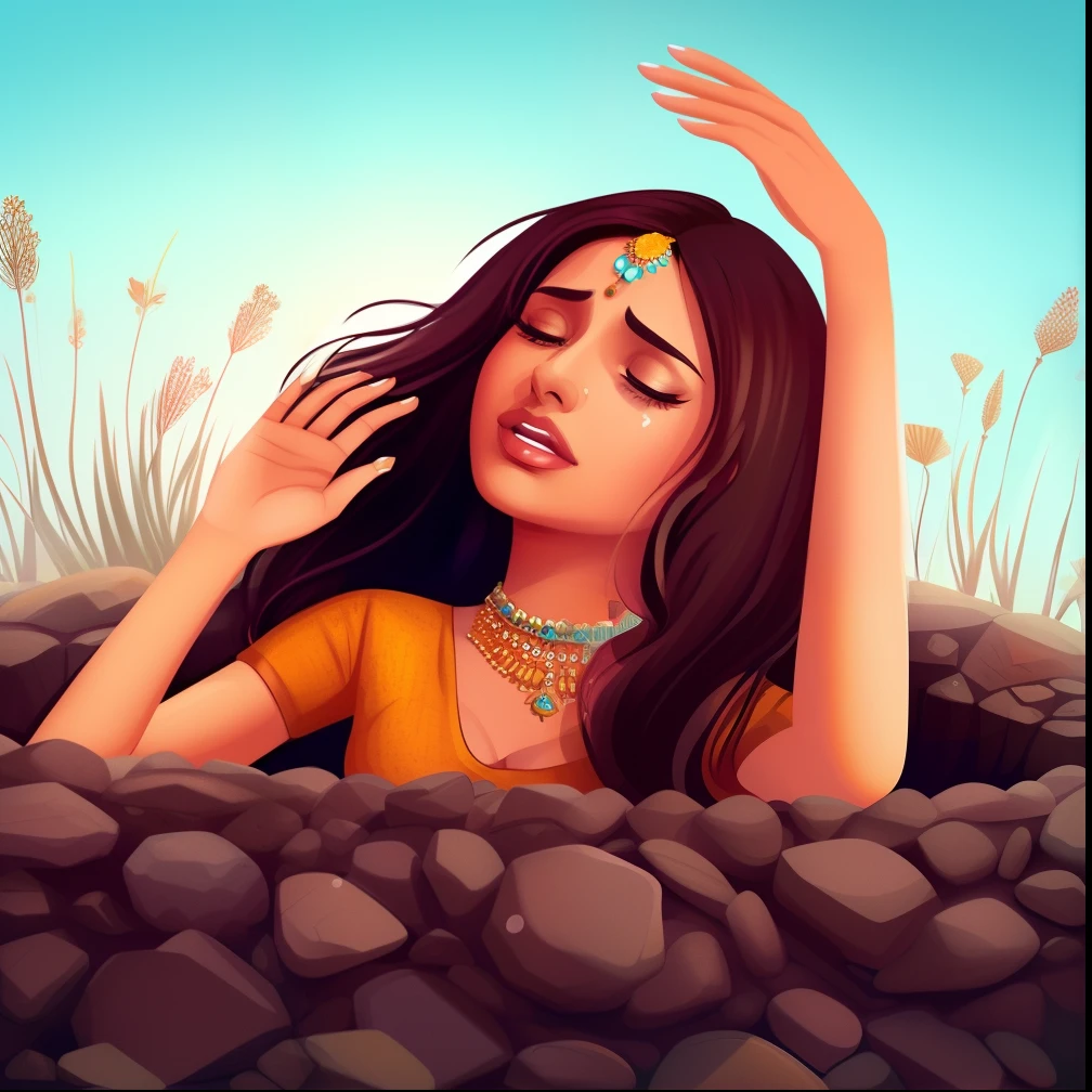 a woman in a yellow sari is sitting in a pile of rocks, stylized digital illustration, emotional picture, a beautiful artwork illustration, background artwork, digital illustration, beautiful digital illustration, digital art illustration, woman crying, sad expression, matte digital illustration, stunning digital illustration, jen bartel, digital illustration -, by Saurabh Jethani, cartoon style illustration