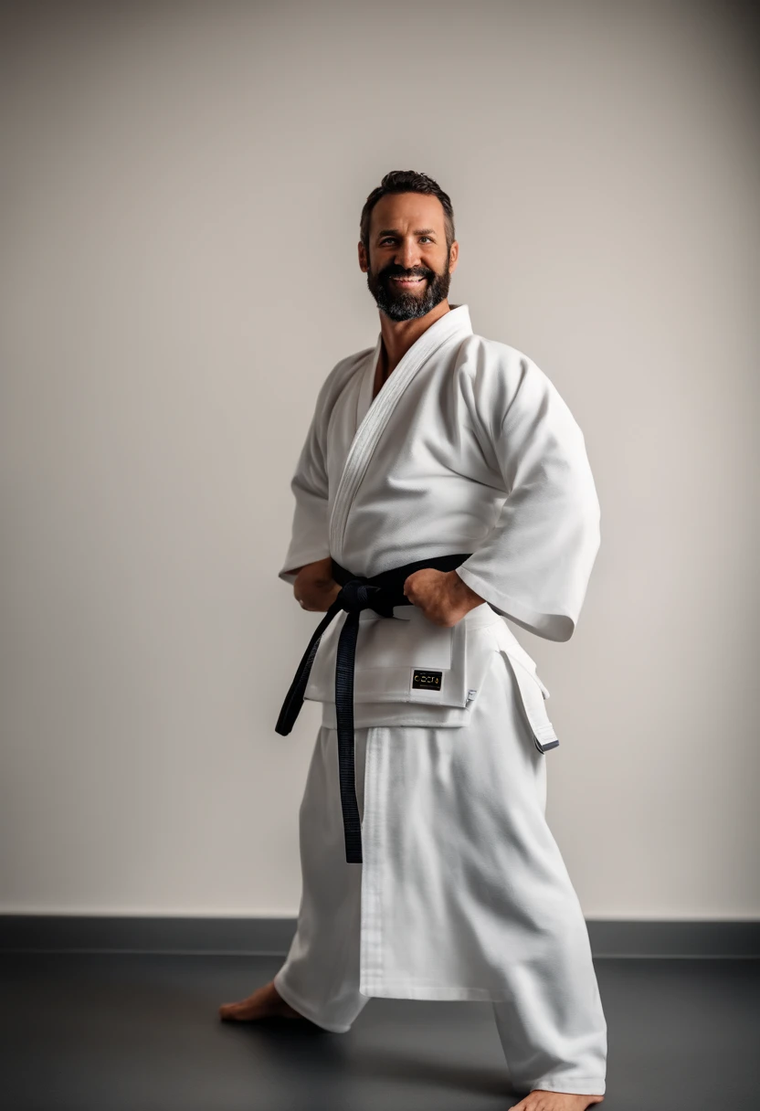 Crie uma capa de filme estilo Disney Pixar, aparecendo o nome do filme = Nascido para Vencer, com um lutador de jiu-jitsu de kimono branco e faixa azul, This man is white, he's 38 years old, olhos castanhos claros, cabelo curto e preto com algumas entradas e alguns fios brancos e barba curta preta, ele com cara de Mal, em alta qualidade, ao fundo uma academia de luta