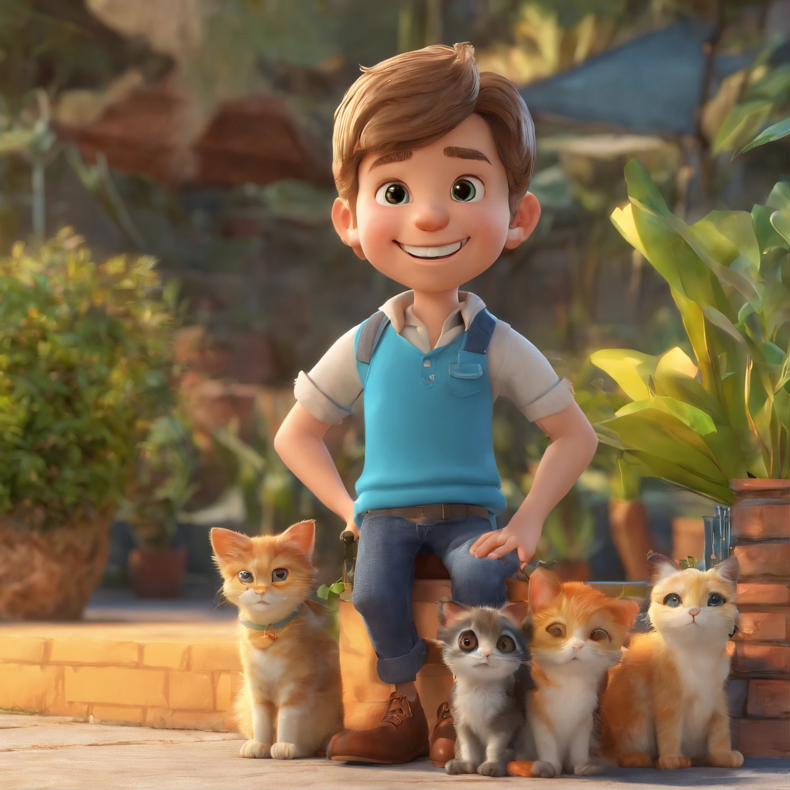 Lucas is a smiling 27-year-old human boy, usa oculos arredondados pretos, com seu fiel amigo, Bolt, gato preto de olhos amarelos e rosto arredondado, deitados no jardim