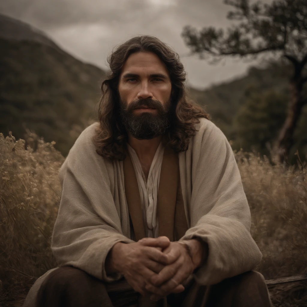 Draw an image of a man bearing a resemblance to Jesus Christ, dressed in clothing reminiscent of the past, holding a Bible in his hands, with an expression of serenity and wisdom on his face. He is illuminated by a gentle, divine light emanating from above, highlighting him in the setting.