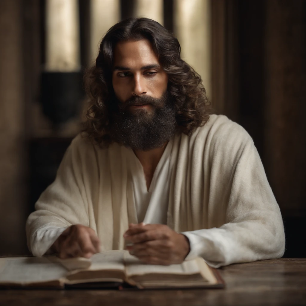 Draw an image of a man bearing a resemblance to Jesus Christ, dressed in clothing reminiscent of the past, holding a Bible in his hands, with an expression of serenity and wisdom on his face. He is illuminated by a gentle, divine light emanating from above, highlighting him in the setting.
