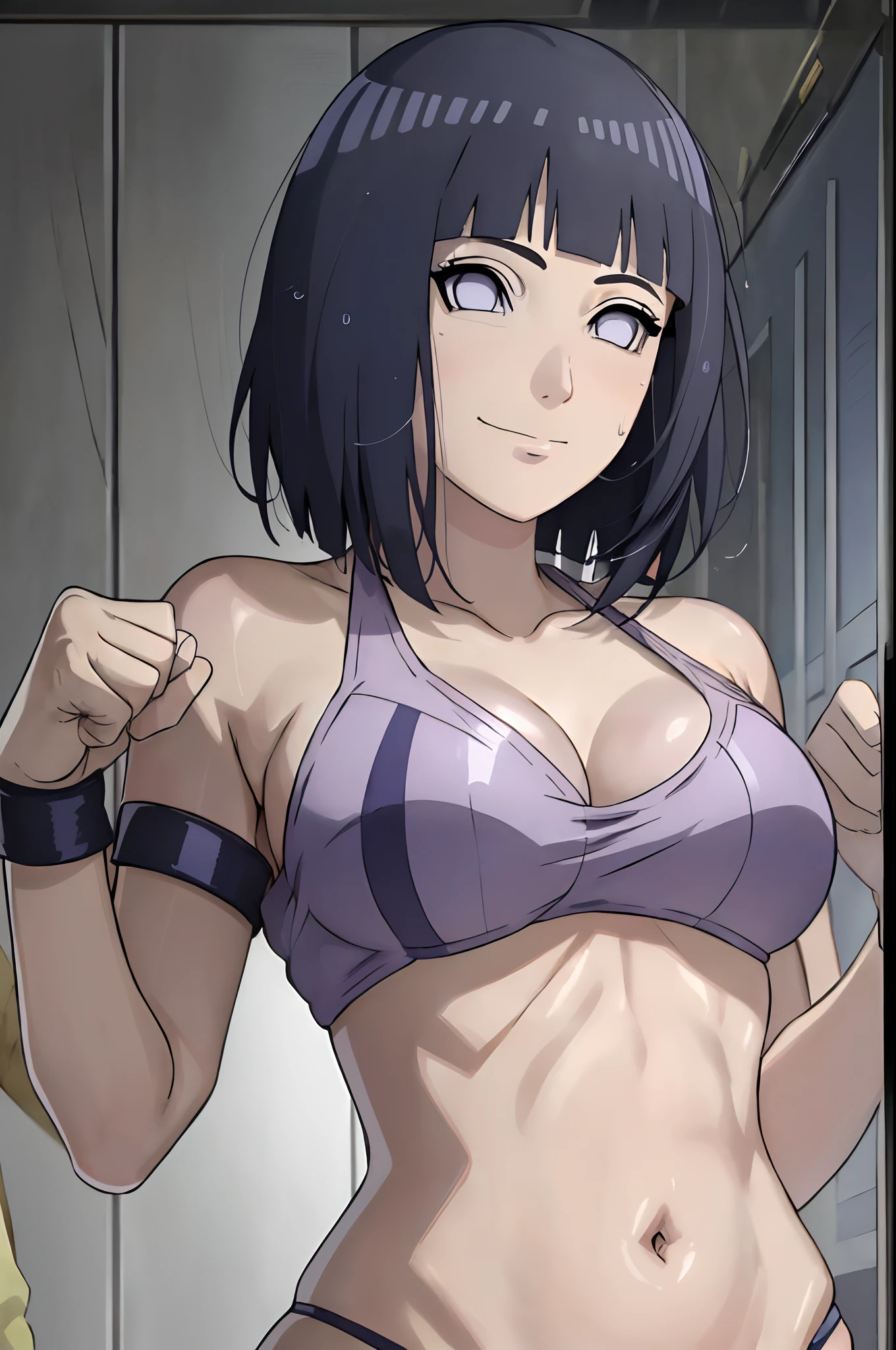 poster, anime style, hires ((wrestling ground)), (hinata\(boruto\), (female wrestler), (slender body, sweating, tired), mature woman, milf, (bikini, ultra detailed pro wrestling gear) victorious, gorgeous, winner, kind face, smile, closed mouth, (pale skin, shiny skin, lighting and shadow), (dark blue hair color:1.1), wavy hair, ((short hair, hime cut), big breasts, (only one arm stretching), long belly, closed fists, seductive, (perfect eyes, white sciera, bright eyes, white eyes, anime eyes, eyeshadow, looking at the viewer)