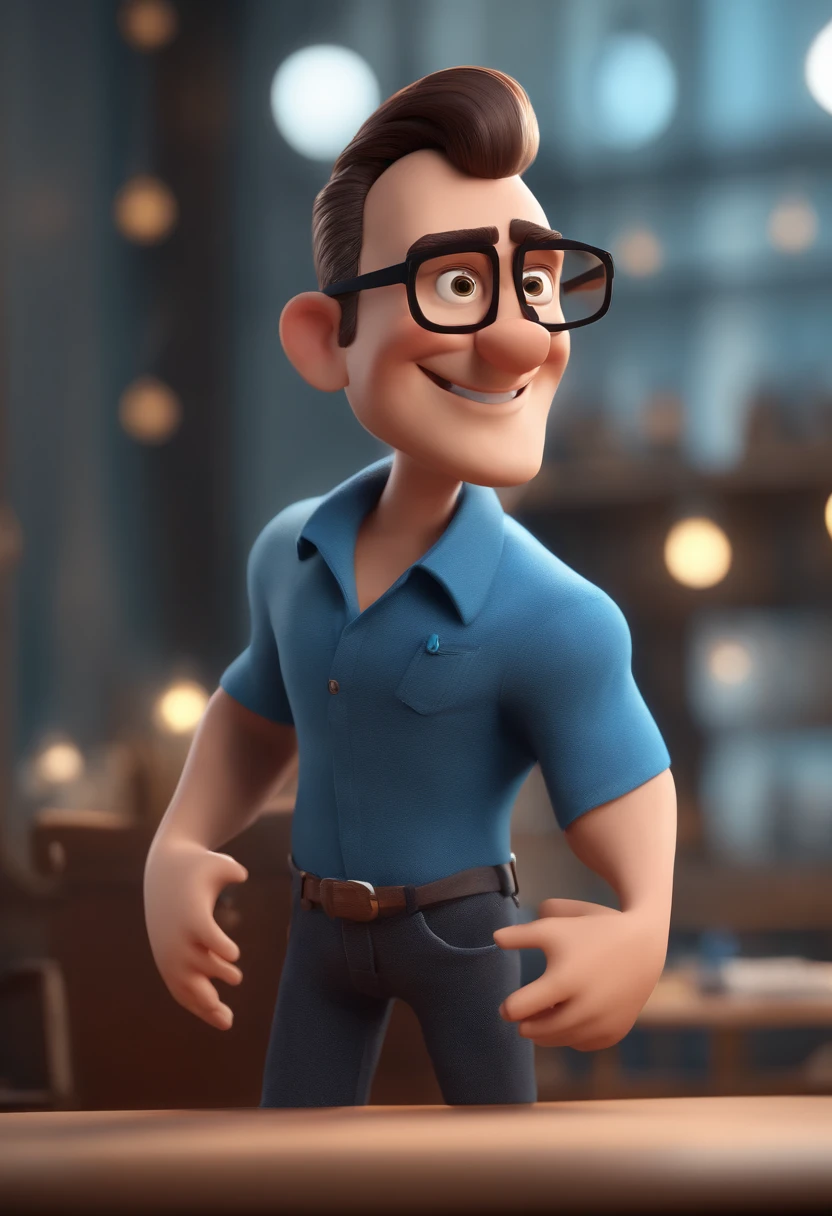 Cartoon character of a man with black glasses and a blue shirt, animation character, Caractere estilizado, animation style rendering, 3D estilizado, Arnold Maya render, 3 d render stylized, toon render keyshot, Personagem 3D, Personagem 3D, 3d rendering stylized, 3 d character render, personagem de desenho animado, Personagem de close up, Pose de personagem, (Estilo Pixar) (master part:1.2) (Bokeh) (best quality) (pele detalhada) (textura detalhada) (8k) (argila) (Cinematic lighting) (foco nítido