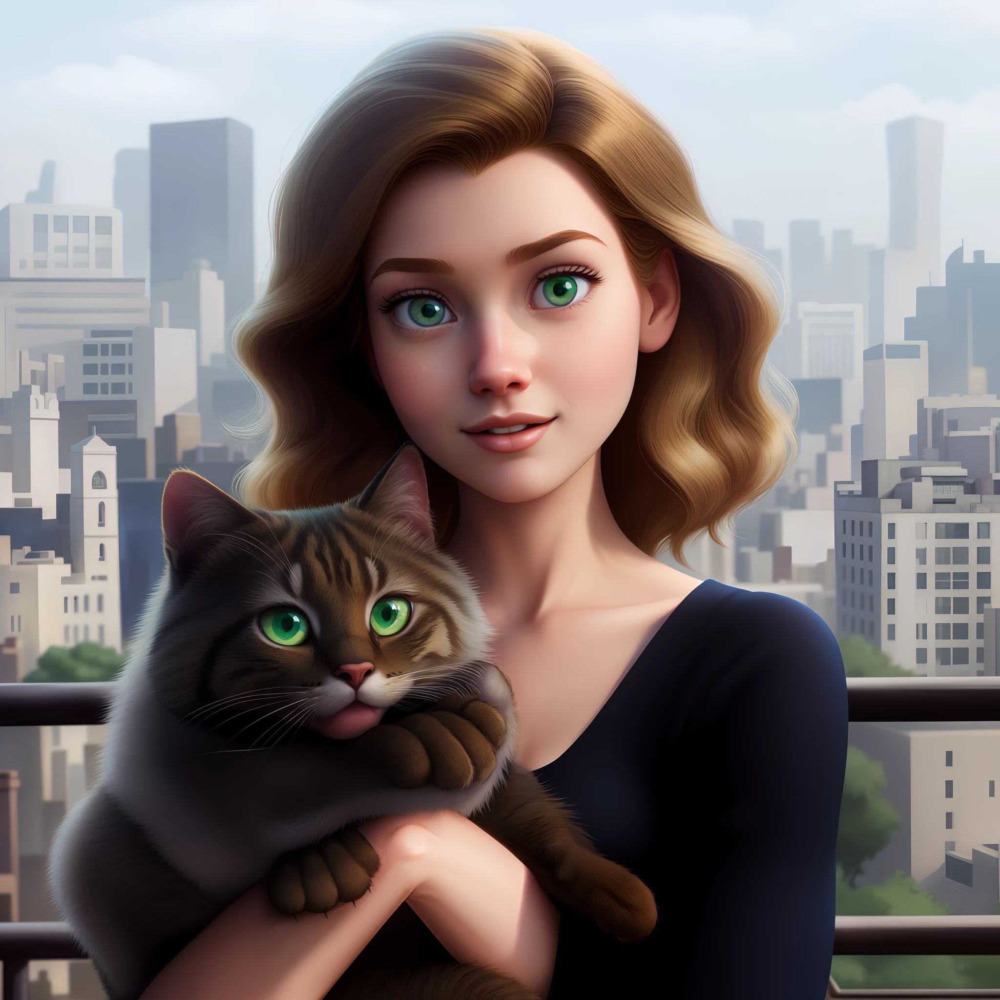 High quality image of a Disney Pixar blond woman with green eyes holding a cat in front of a city, animated film