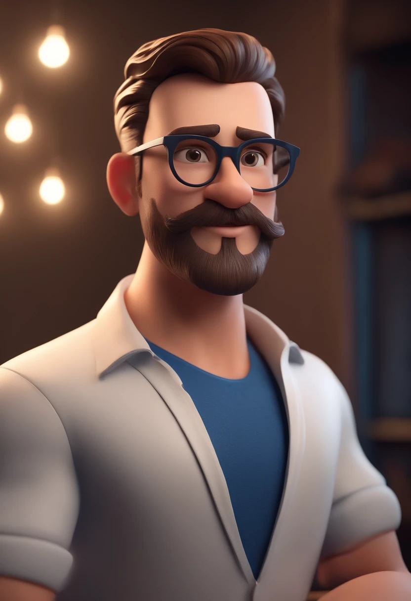 Cartoon character of a man with a low beard with black glasses and a blue shirt, animation character, Caractere estilizado, animation style rendering, 3D estilizado, Arnold Maya render, 3 d render stylized, toon render keyshot, Personagem 3D, Personagem 3D, 3d rendering stylized, 3 d character render, personagem de desenho animado, Personagem de close up, Pose de personagem, (Estilo Pixar) (master part:1.2) (Bokeh) (best quality) (pele detalhada) (textura detalhada) (8k) (argila) (Cinematic lighting) (foco nítido