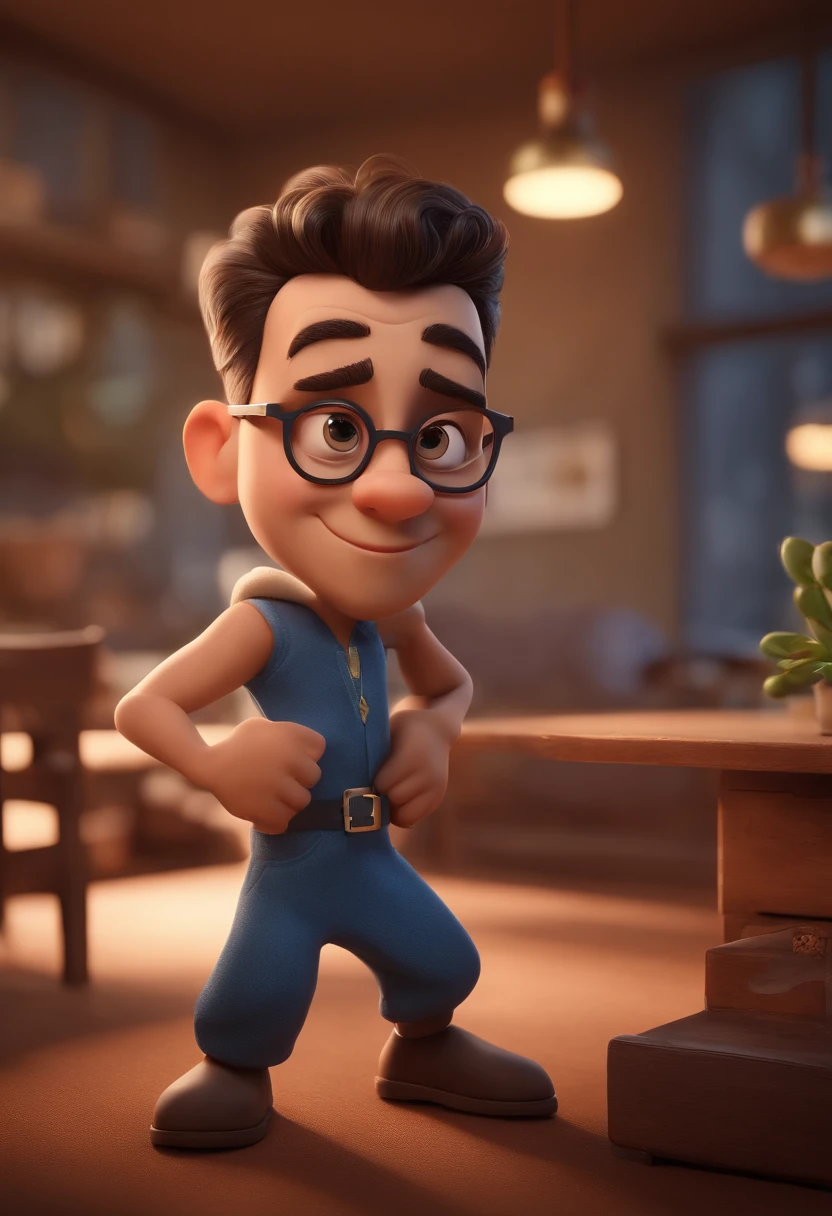 Cartoon character of a man with a low beard with black glasses and a blue shirt, animation character, Caractere estilizado, animation style rendering, 3D estilizado, Arnold Maya render, 3 d render stylized, toon render keyshot, Personagem 3D, Personagem 3D, 3d rendering stylized, 3 d character render, personagem de desenho animado, Personagem de close up, Pose de personagem, (Estilo Pixar) (master part:1.2) (Bokeh) (best quality) (pele detalhada) (textura detalhada) (8k) (argila) (Cinematic lighting) (foco nítido