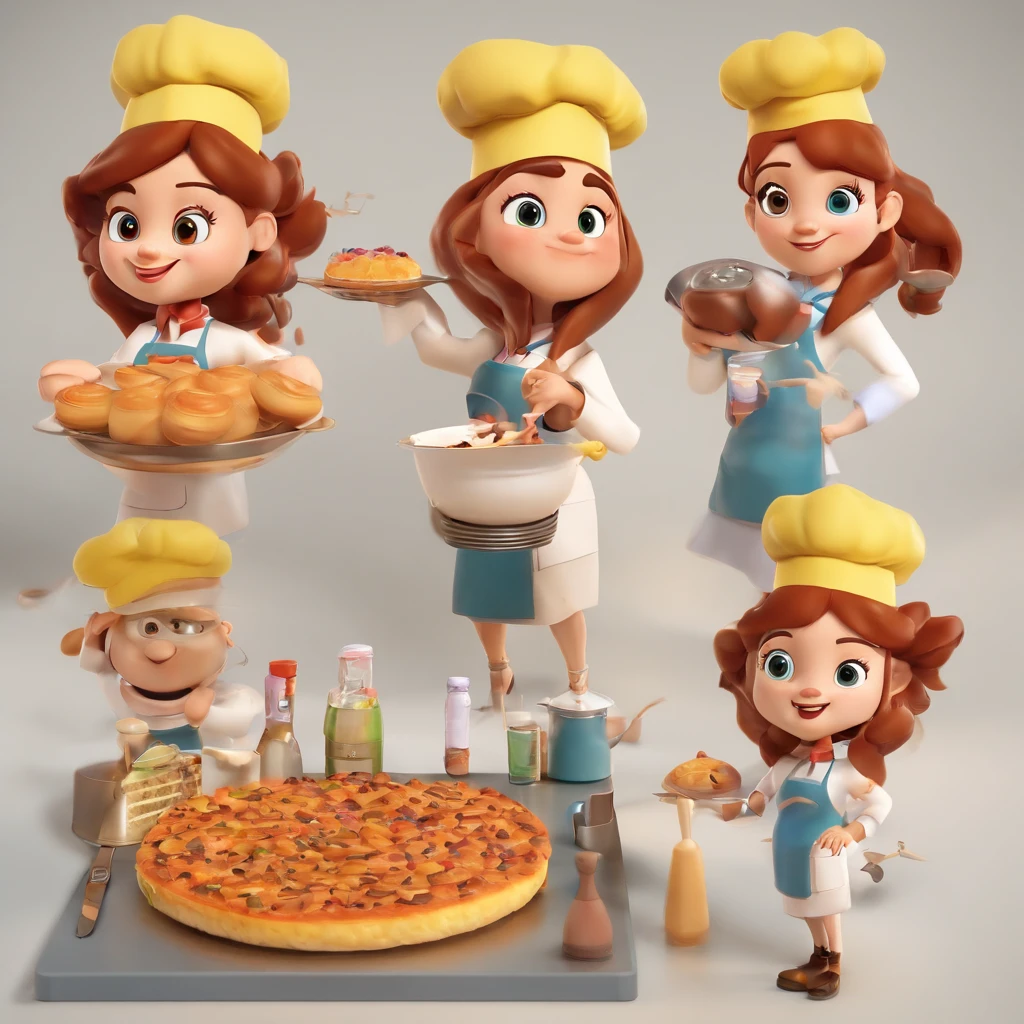 Crie uma cena de desenho animado estilo 3d -Pixar, Onde uma mulher, de cabelos lisos castanhos com 35 anos de idade, She's cooking dressed as a pastry chef.