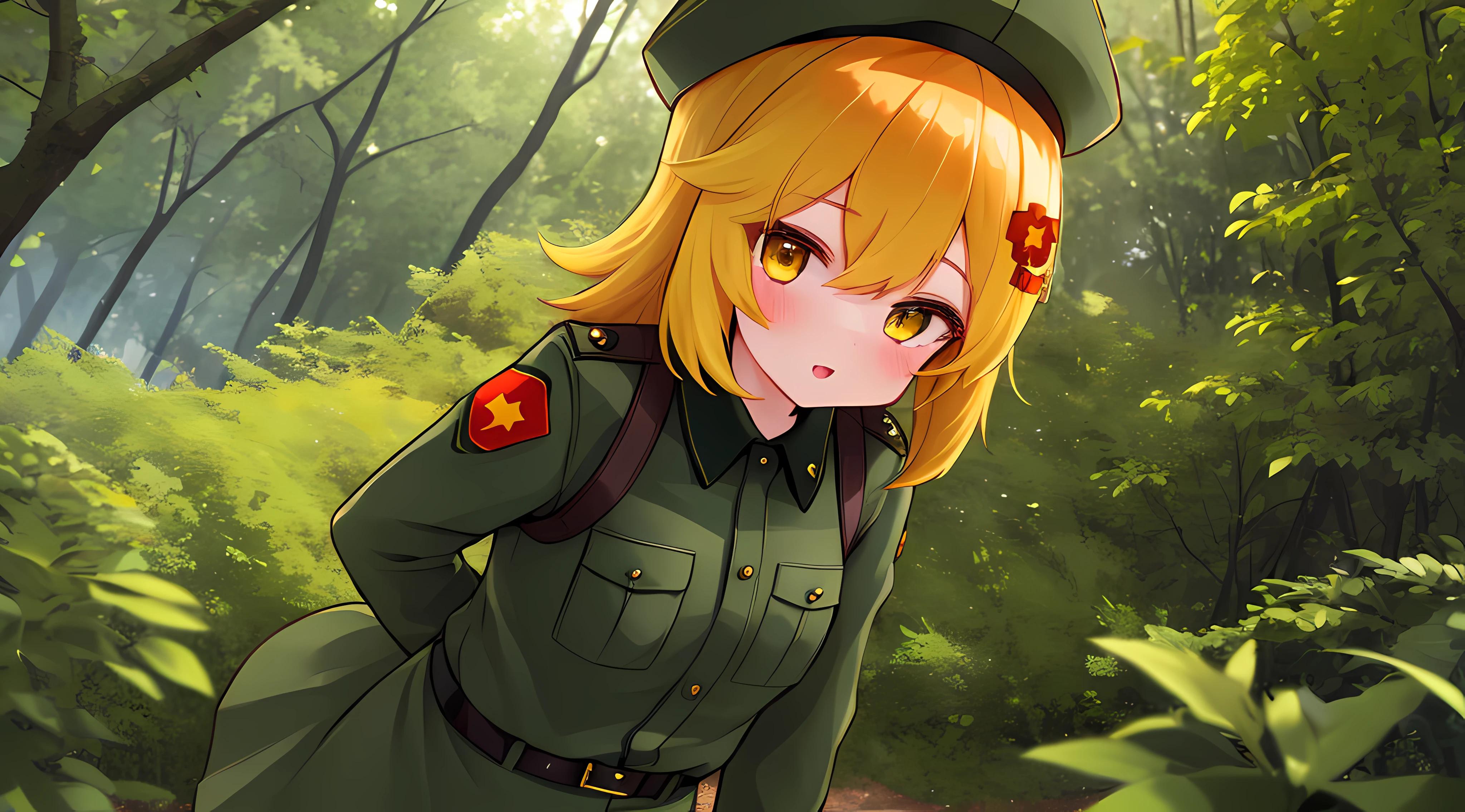 (Best Quality,4k,hight resolution,Masterpiece:1.2),Fox Girl,ear,Army uniform,Tactical Military Uniform,Green Army Uniform,On the Front Line,single girl,Bushes,the trees, Detailed girl, beatiful face, redhead hair, Beautiful Uniform, Very nice uniform, Ultra-detailed uniforms, Very nice military uniform, Very detailed 4K shape, pretty eyes, very detailed eyes, Beautiful yellow eyes, Almost orange eye color, Very nice girl, ((Form of the Soviet Union))