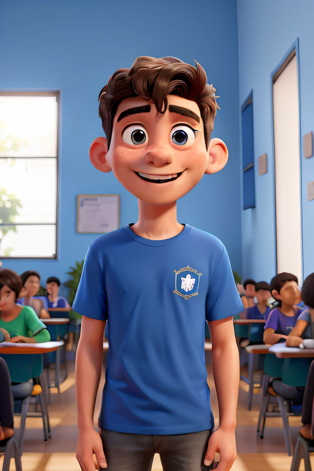 ((Mejor calidad)),((animado) boy looking at his hand watch, alegre de haber llegado de forma puntual a su clase de educacion fisica