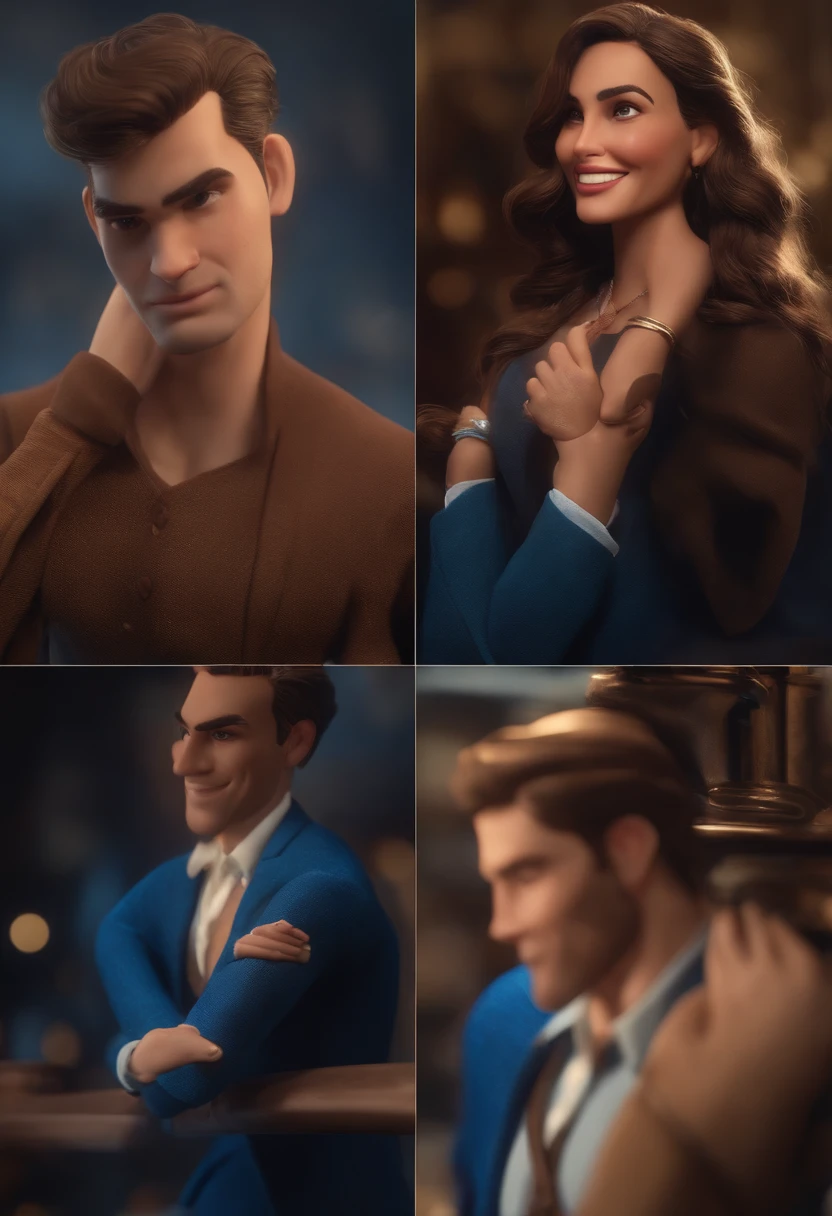 Garoto, estilo disney, tom de pele: claro: Cabelo: marrom escuro, liso, curto, penteado para o lado direito. camisa: social, Cor azul. Fundo: Gray and white gradient,Comemorando, Hands raised, sorrindo, feliz, (estilo pixar) (obra-prima:1.2) (bokeh) (melhor qualidade) (pele detalhada) (textura detalhada) (8k) (claymation) (cinematic lighthing) (foco nítido