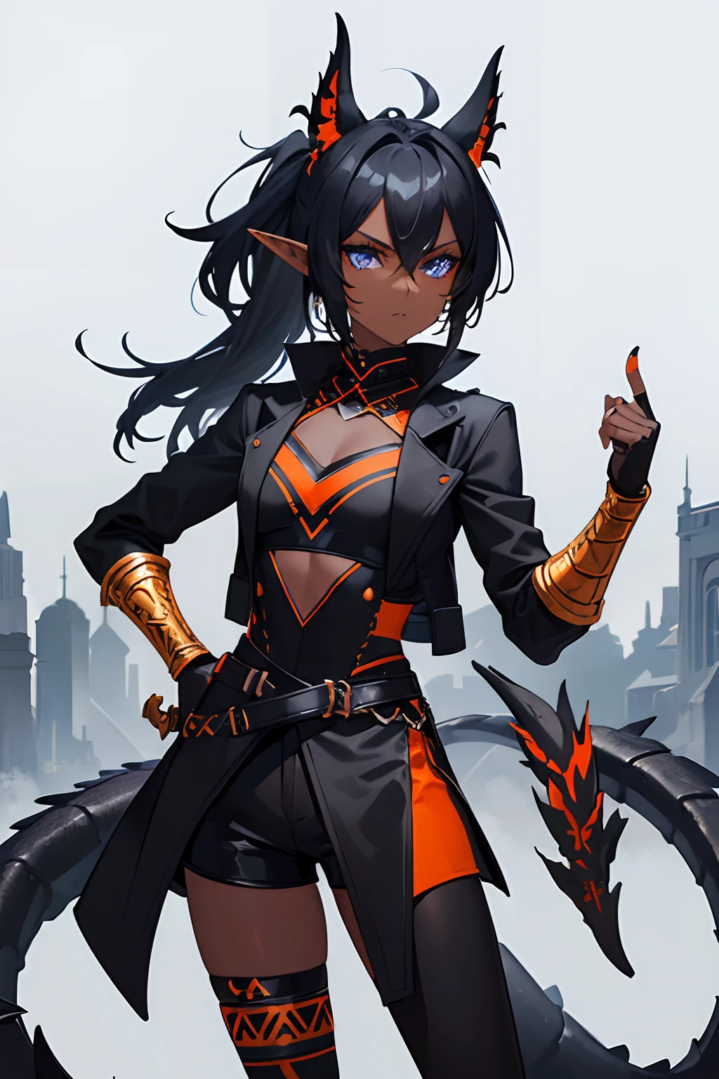 1girl , (((Dark Skin)))), Black Hair with Ponytail, (((Blue Eyes))), ((Black Metallic Gauntlets and Greaves with Orange and Silver Highlights)), (((The Clothes Have a Mix of Modern and Tribal))), (((The Clothes Have a Mix of Modern and Tribal))), having mostly the color black, but having parts in orange, shoulders exposed, at the hip a shorts that extend to half of the thigh of black color. ((Black Overcoat with a orange inner part)) absurd res, best res, high res, best face, best eyes, (((Dragon Tail))), ((Elf Ears))