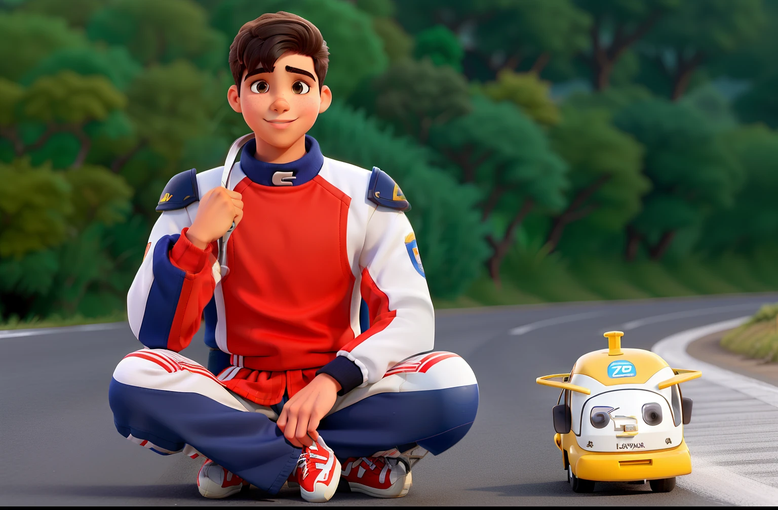 um jovem, lindo, gentil, gostoso, perfeito, cabelo curto castanho escuro, alegre, vestindo uma roupa de piloto de corrida, ao lado um capacete de piloto de corrida
