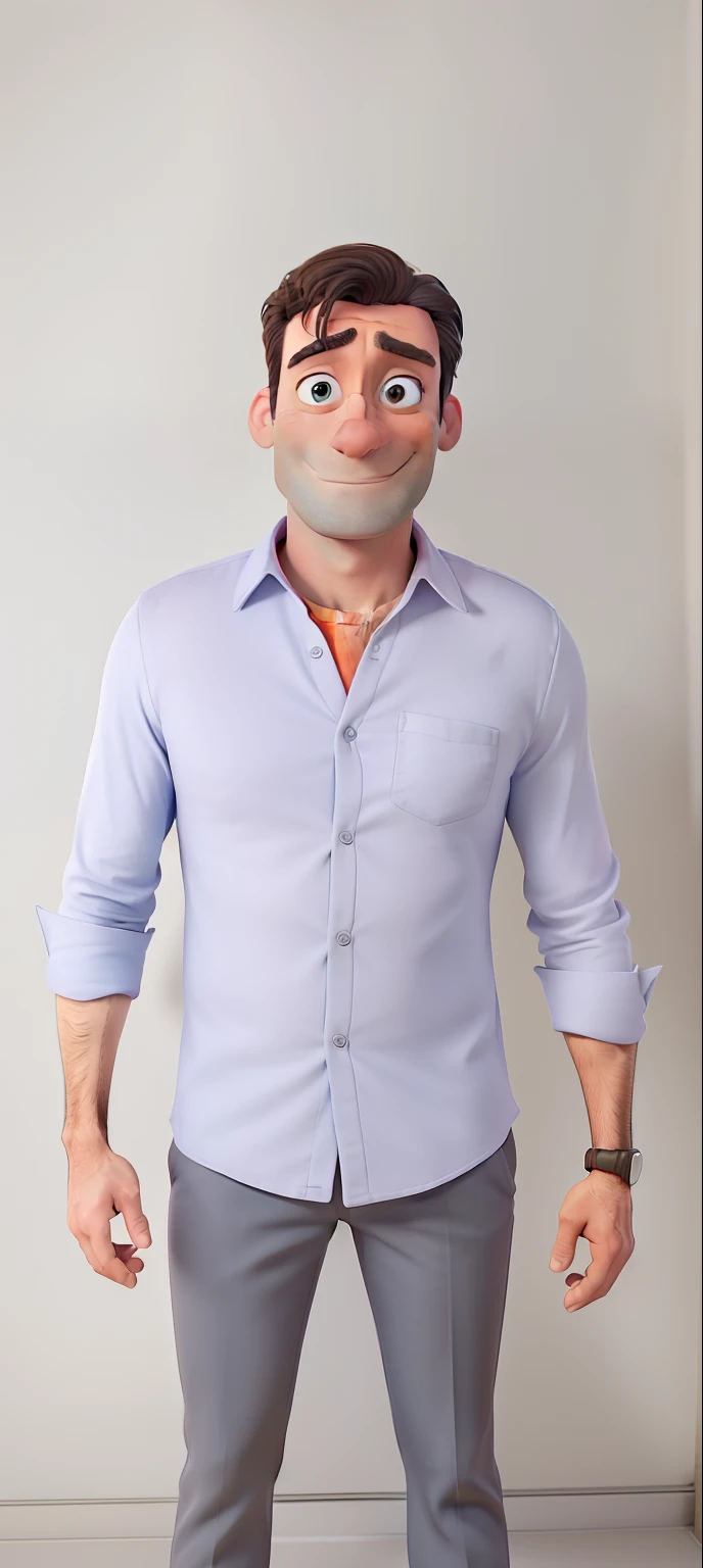 Jon Hamm, Cartoons in orange shirt and black pants, arms crossed, olhando para frente e sorrindo com os dentes aparecendo;