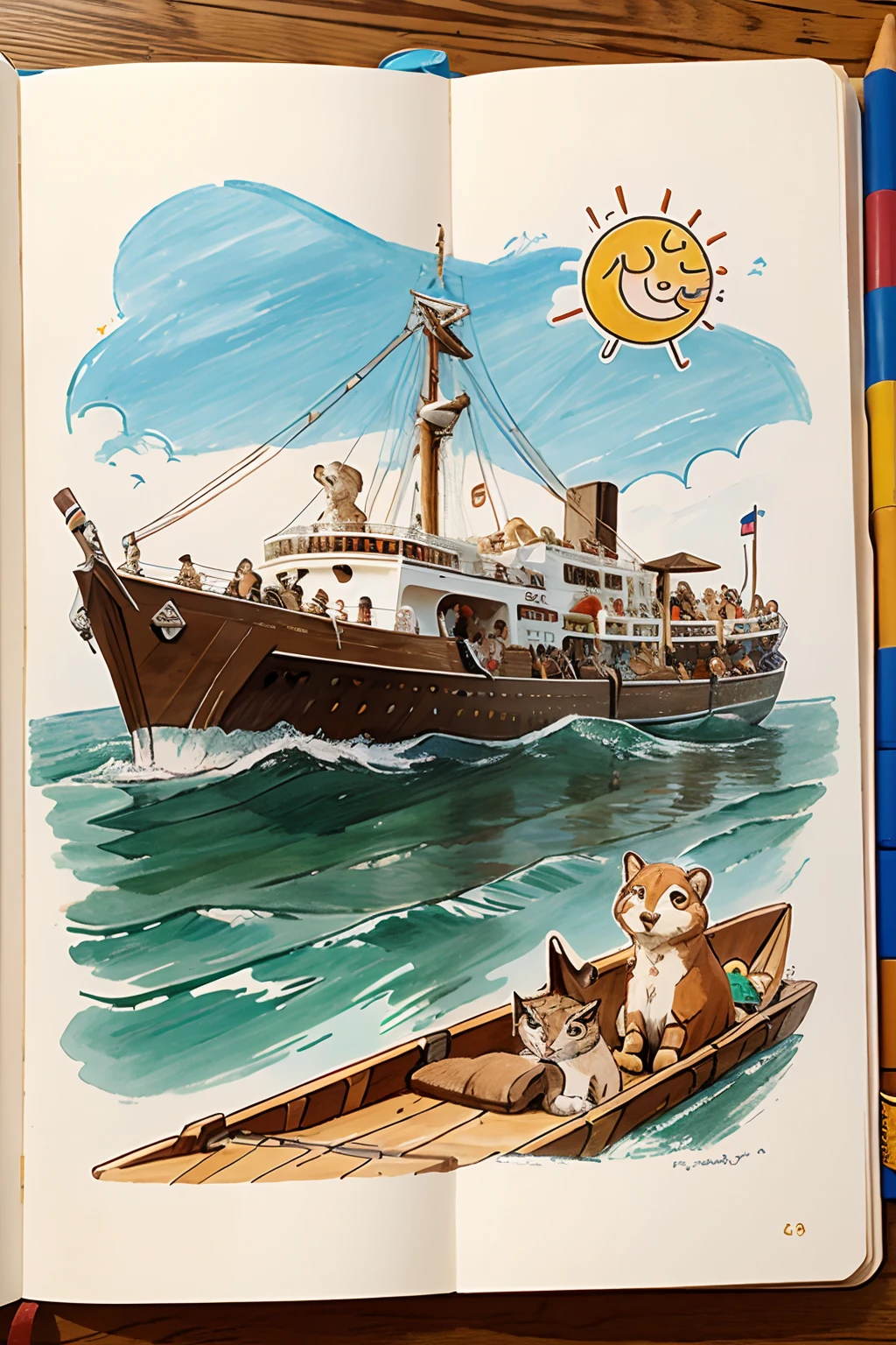 Noah on the ark with the animals, Drawing using Sweet Stroke, para livro infantil.