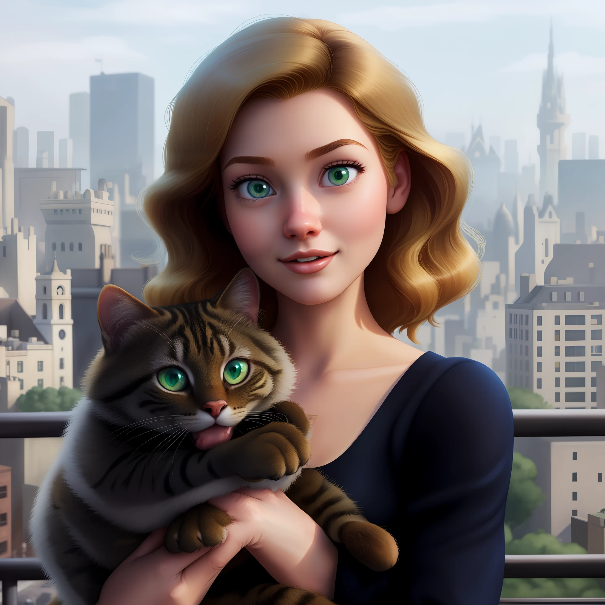 High quality image of a Disney Pixar blond hair woman with green eyes holding a cat in front of a city, animated film