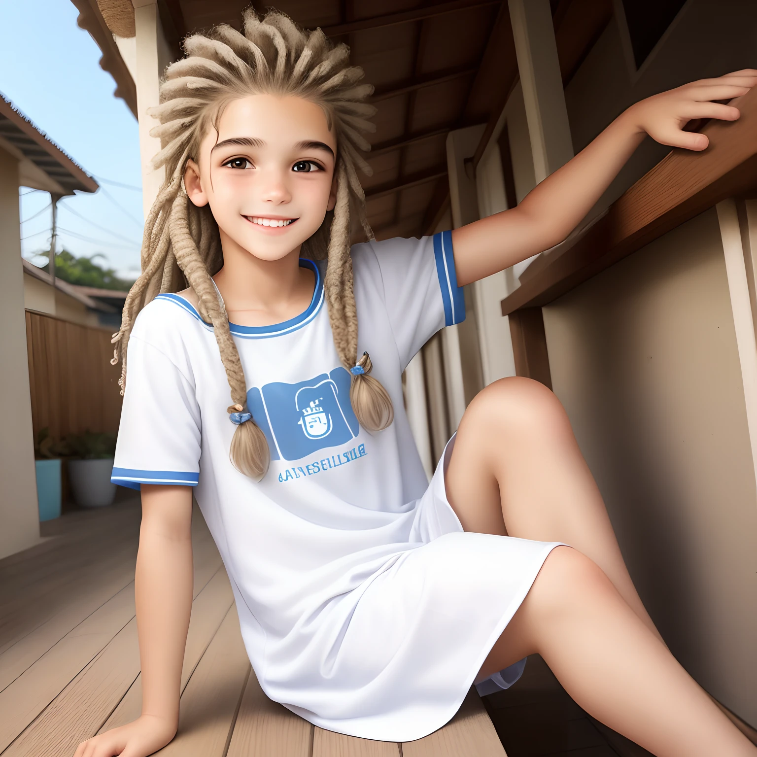 ADOLESCENTE BRANCO,CABELO LOIRO,ROUPA SOCIAL,SORRINDO NA VARANDA DE CASA